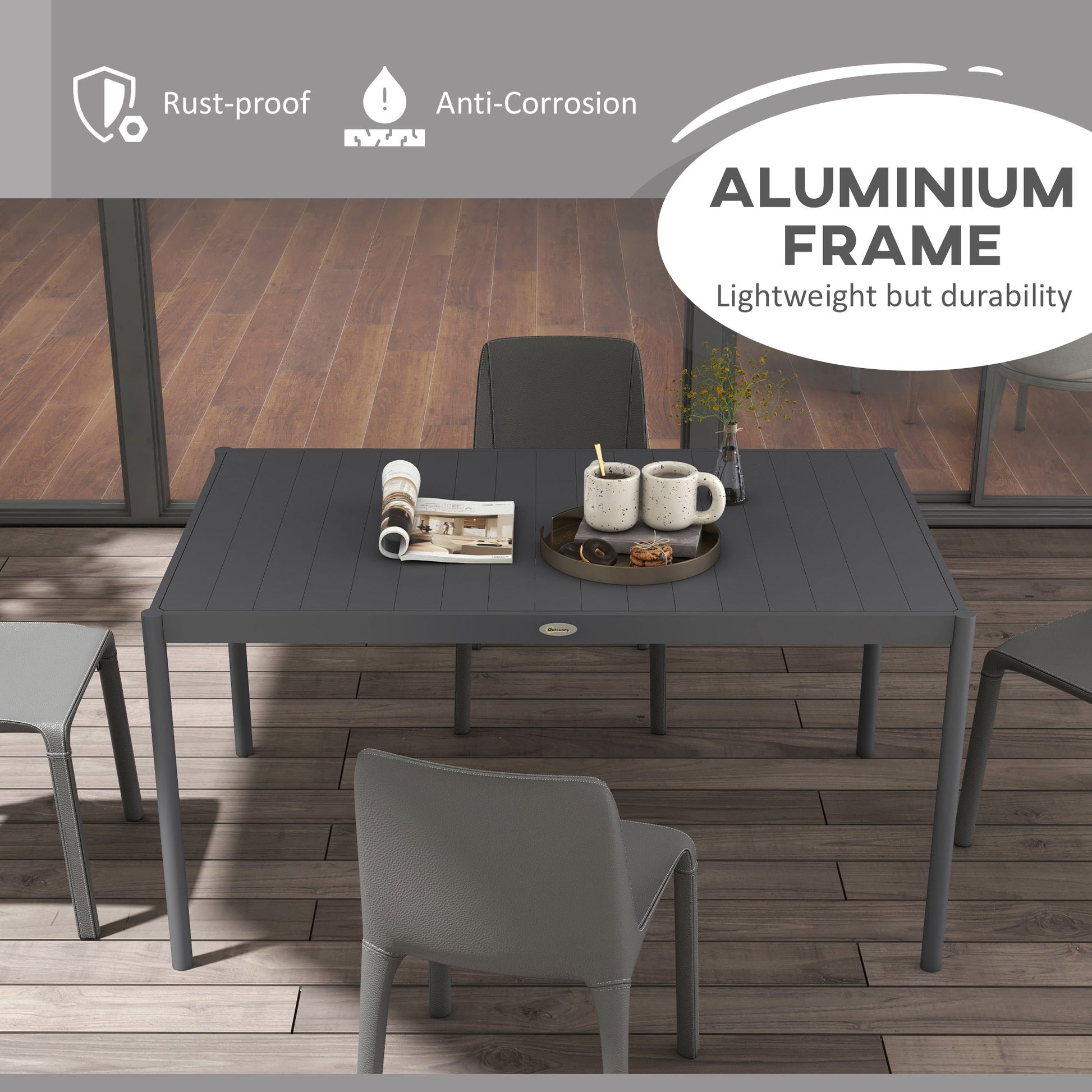 57" Outdoor Dining Table, Rectangle Garden Table for 6 People, with Aluminium Frame, Slatted Design for Lawn, Balcony, Dark Grey
