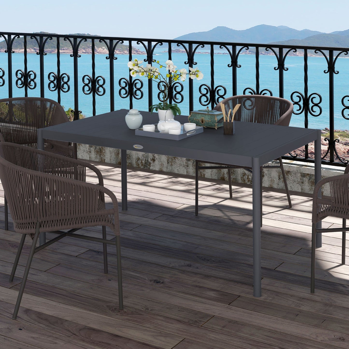 57" Outdoor Dining Table, Rectangle Garden Table for 6 People, with Aluminium Frame, Slatted Design for Lawn, Balcony, Dark Grey