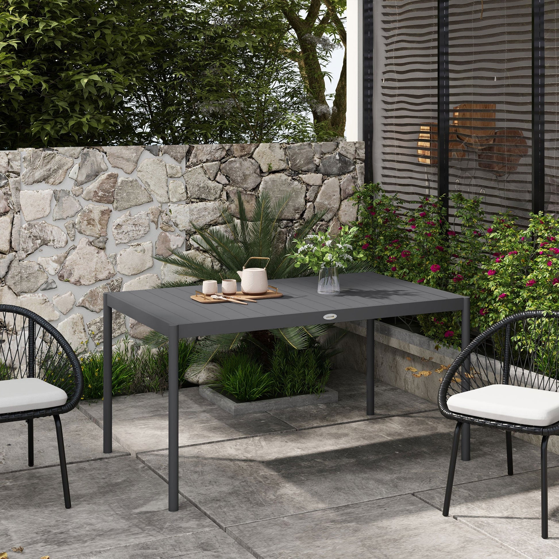 57" Outdoor Dining Table, Rectangle Garden Table for 6 People, with Aluminium Frame, Slatted Design for Lawn, Balcony, Dark Grey
