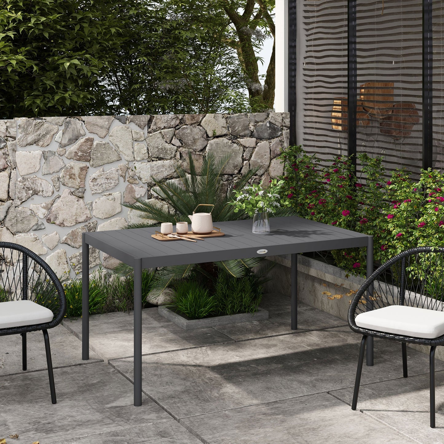 57" Outdoor Dining Table, Rectangle Garden Table for 6 People, with Aluminium Frame, Slatted Design for Lawn, Balcony, Dark Grey