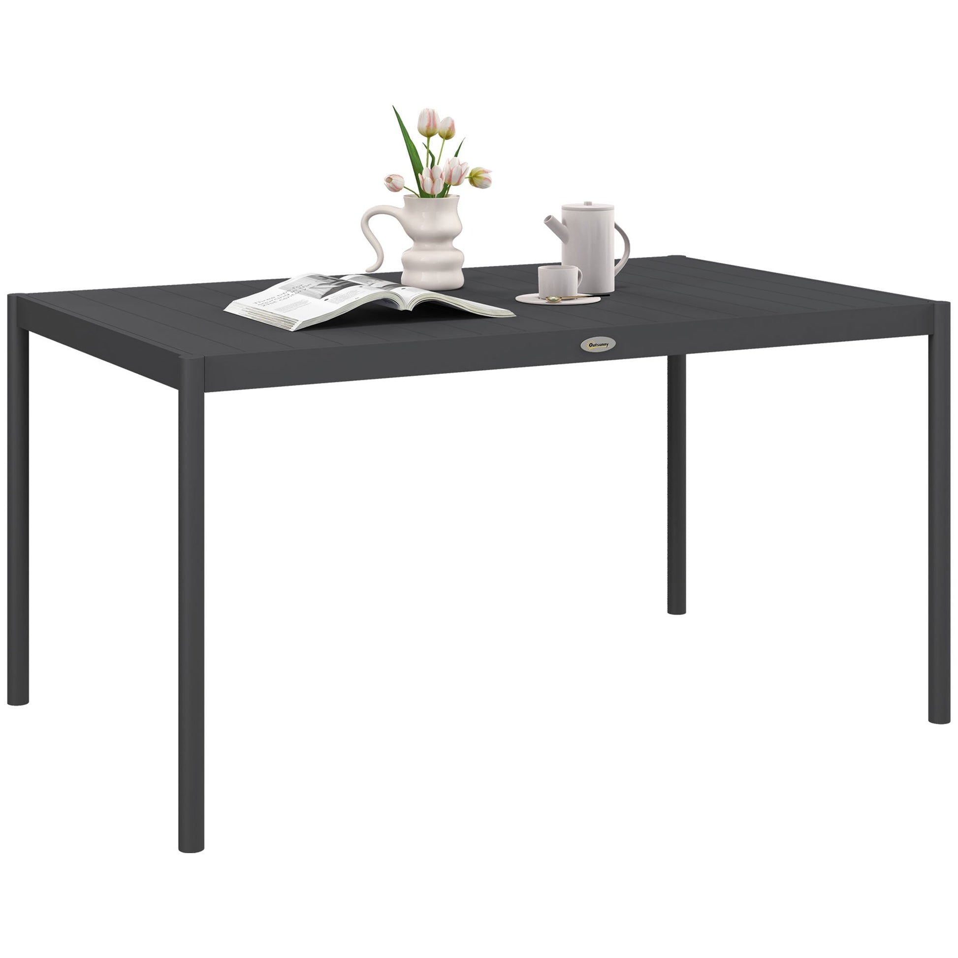 57" Outdoor Dining Table, Rectangle Garden Table for 6 People, with Aluminium Frame, Slatted Design for Lawn, Balcony, Dark Grey