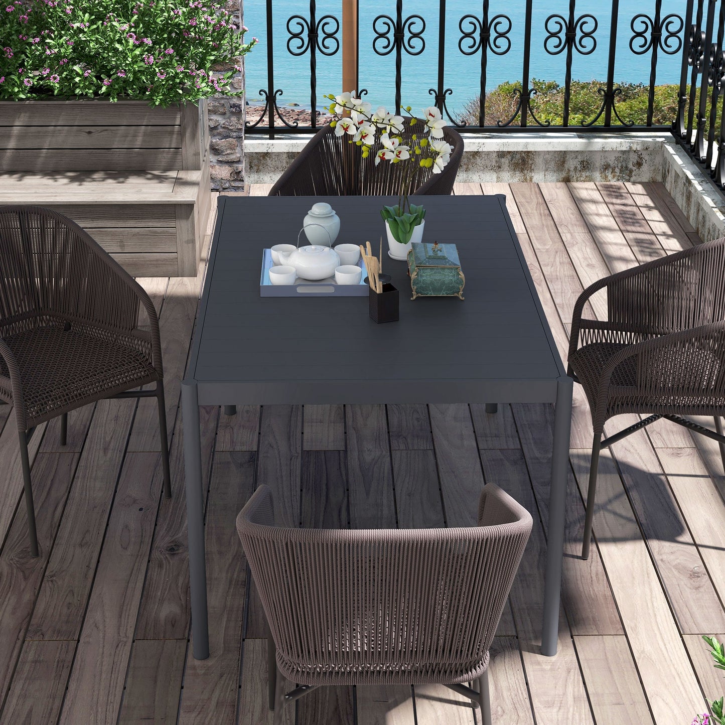57" Outdoor Dining Table, Rectangle Garden Table for 6 People, with Aluminium Frame, Slatted Design for Lawn, Balcony, Dark Grey