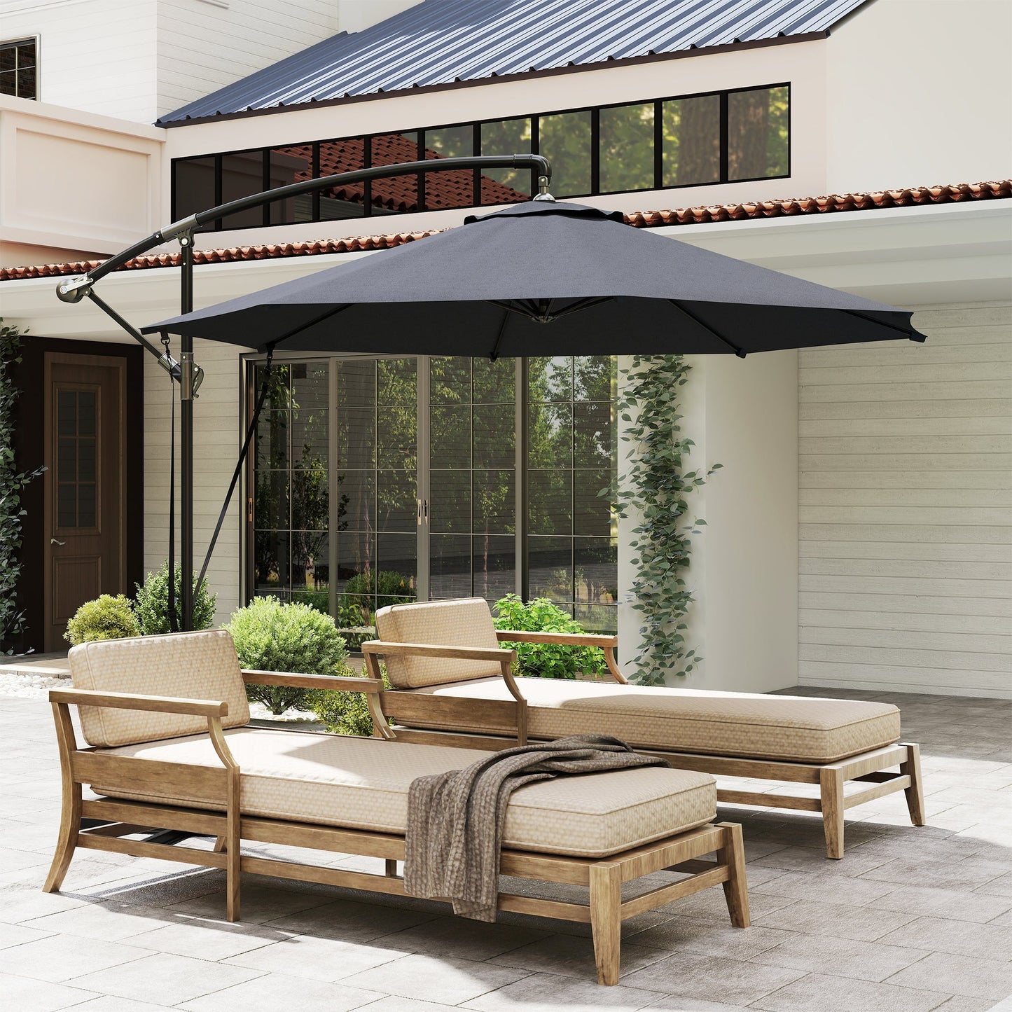 9.5FT Cantilever Patio Umbrella with Wind Strap, Cover, Round Offset Hanging Umbrella with 360°Rotation, Crank and Cross Base for Garden, Deck, Yard and Pool, UPF50+, Grey