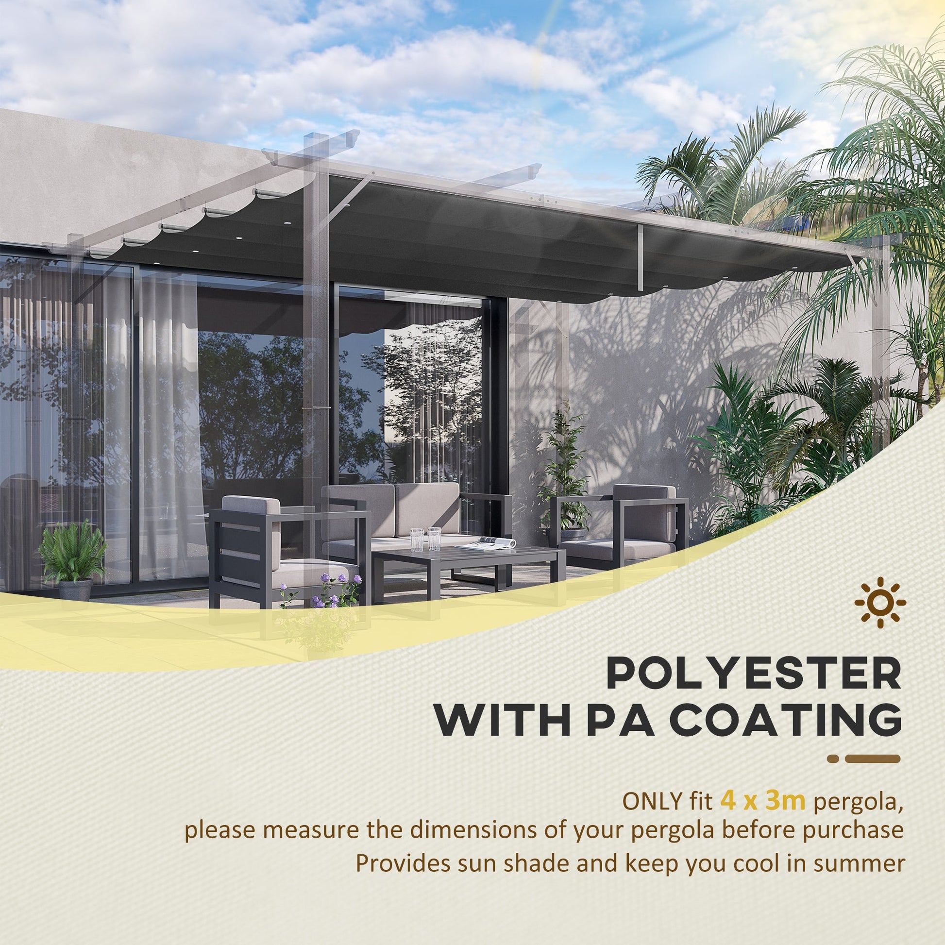 Retractable Replacement Pergola Canopy for 10' x 13' Pergola, Pergola Cover Replacement, Dark Grey