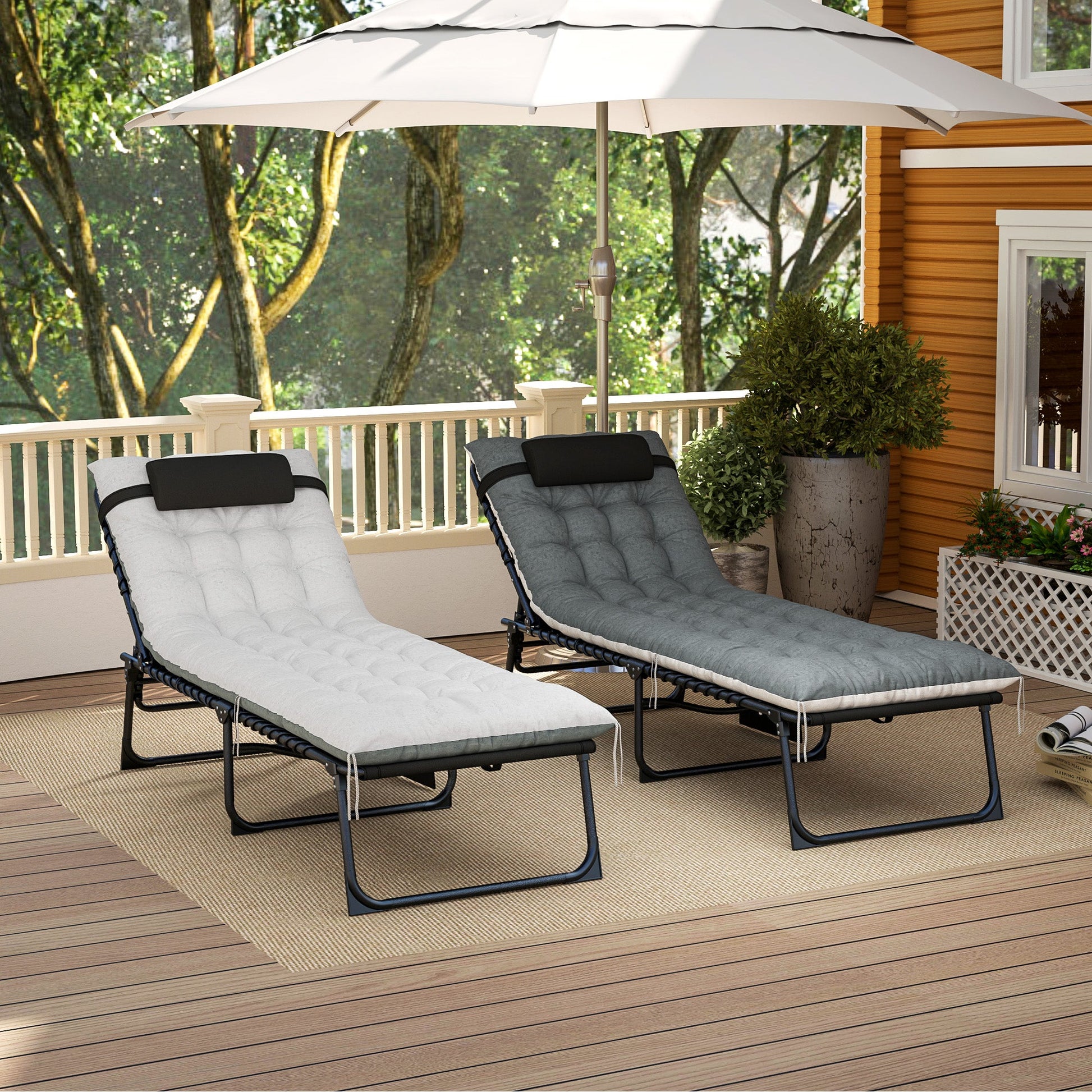 Folding Outdoor Lounge Chair Set of 2, 5-Position Reclining Patio Chaise Lounge Chairs, Tanning Chair with Cushion, Headrest, Side Pocket for Beach, Poolside, Black/Grey