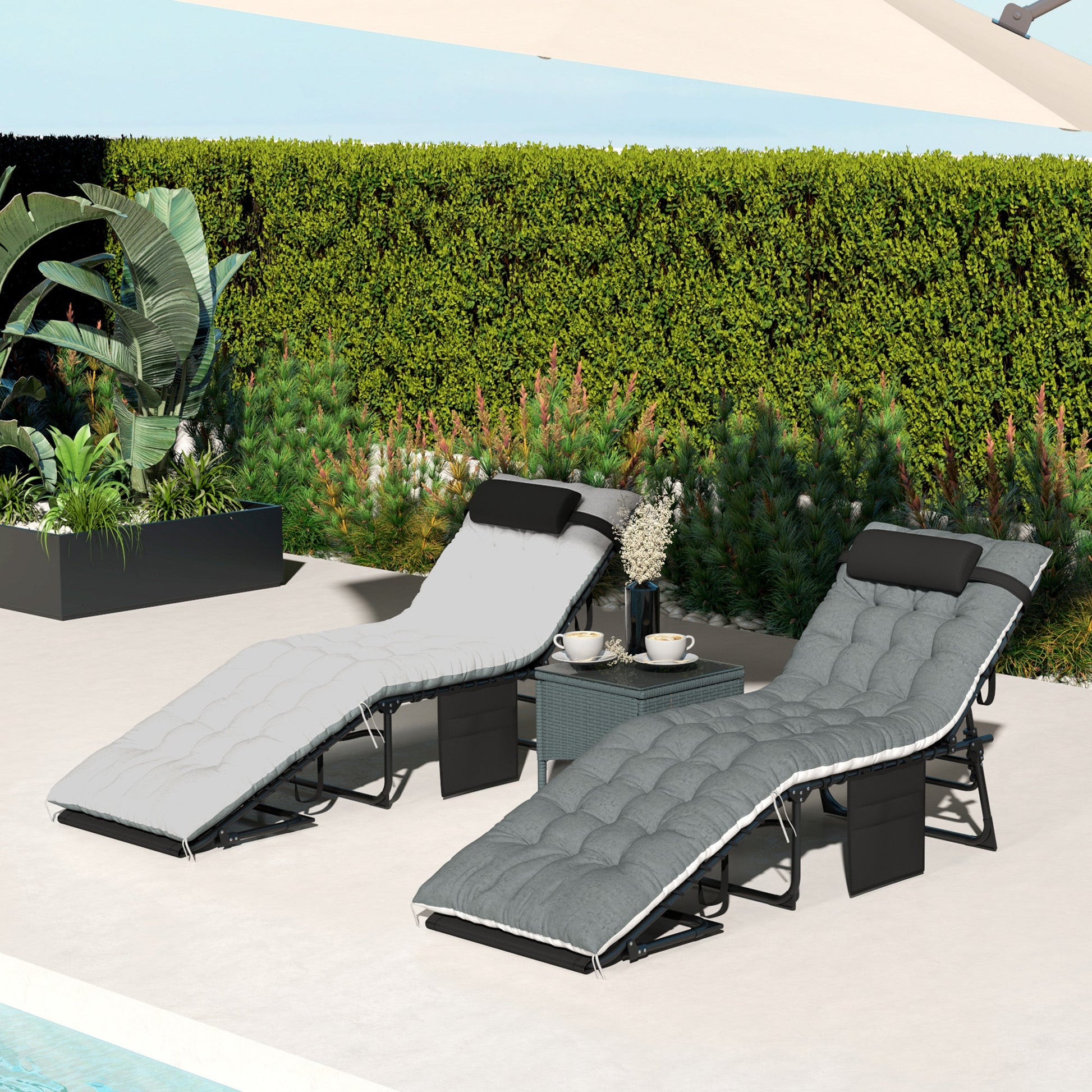 Folding Outdoor Lounge Chair Set of 2, 5-Position Reclining Patio Chaise Lounge Chairs, Tanning Chair with Cushion, Headrest, Side Pocket for Beach, Poolside, Black/Grey
