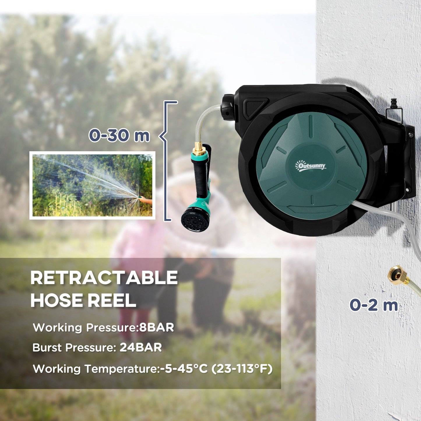 Retractable Garden Hose Reel, 1/2 in x 100ft Wall Mounted Water Hose Reel with 7- Function Sprayer Nozzle, Auto Rewind, Any Length Lock, 180° Swivel Bracket, Black
