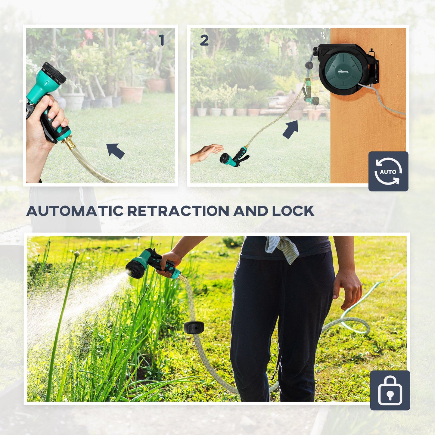 Retractable Garden Hose Reel, 1/2 in x 100ft Wall Mounted Water Hose Reel with 7- Function Sprayer Nozzle, Auto Rewind, Any Length Lock, 180° Swivel Bracket, Black
