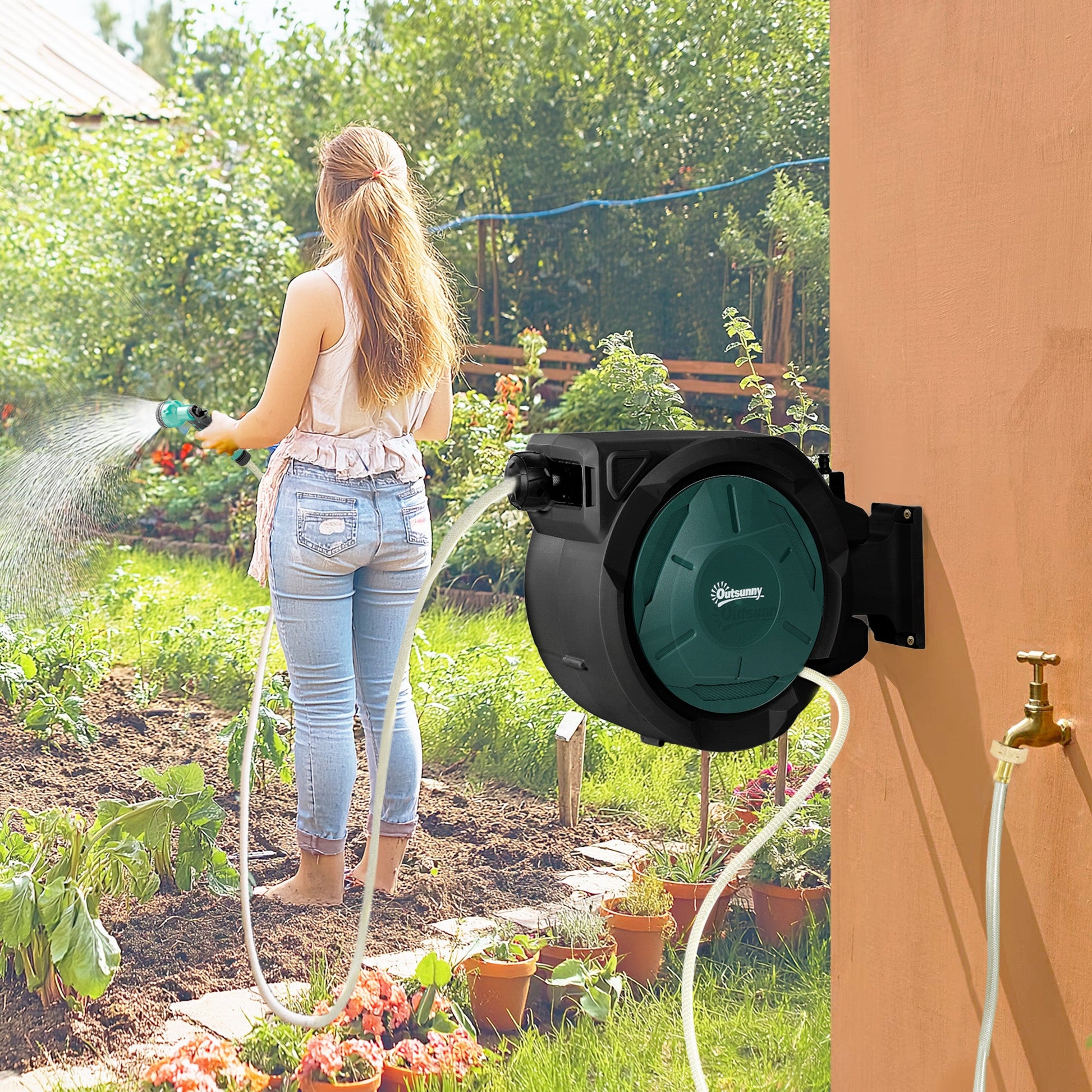 Retractable Garden Hose Reel, 1/2 in x 100ft Wall Mounted Water Hose Reel with 7- Function Sprayer Nozzle, Auto Rewind, Any Length Lock, 180° Swivel Bracket, Black