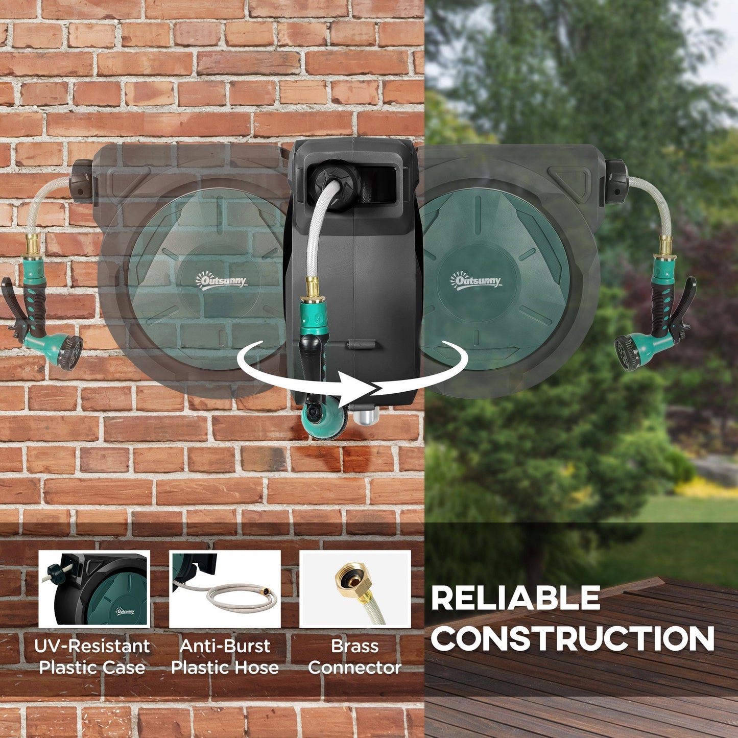 Retractable Garden Hose Reel, 1/2 in x 100ft Wall Mounted Water Hose Reel with 7- Function Sprayer Nozzle, Auto Rewind, Any Length Lock, 180° Swivel Bracket, Black