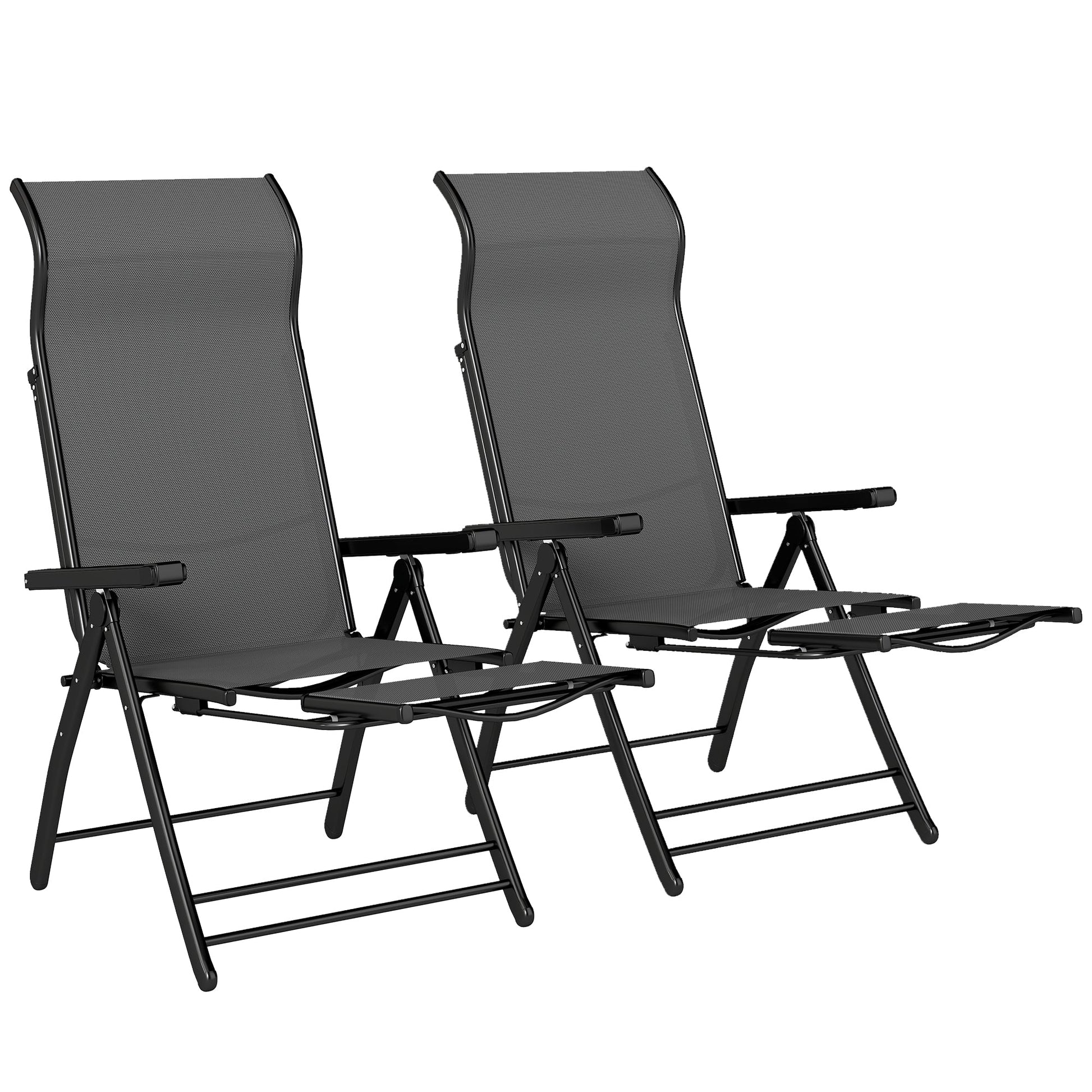 Folding Patio Chairs Set of 2, Reclining Outdoor Chair with 33.5" High Back, Retractable Footrest, 5-Position Outdoor Recliner Lounge Chairs for Lawn Yard Beach, Dark Grey