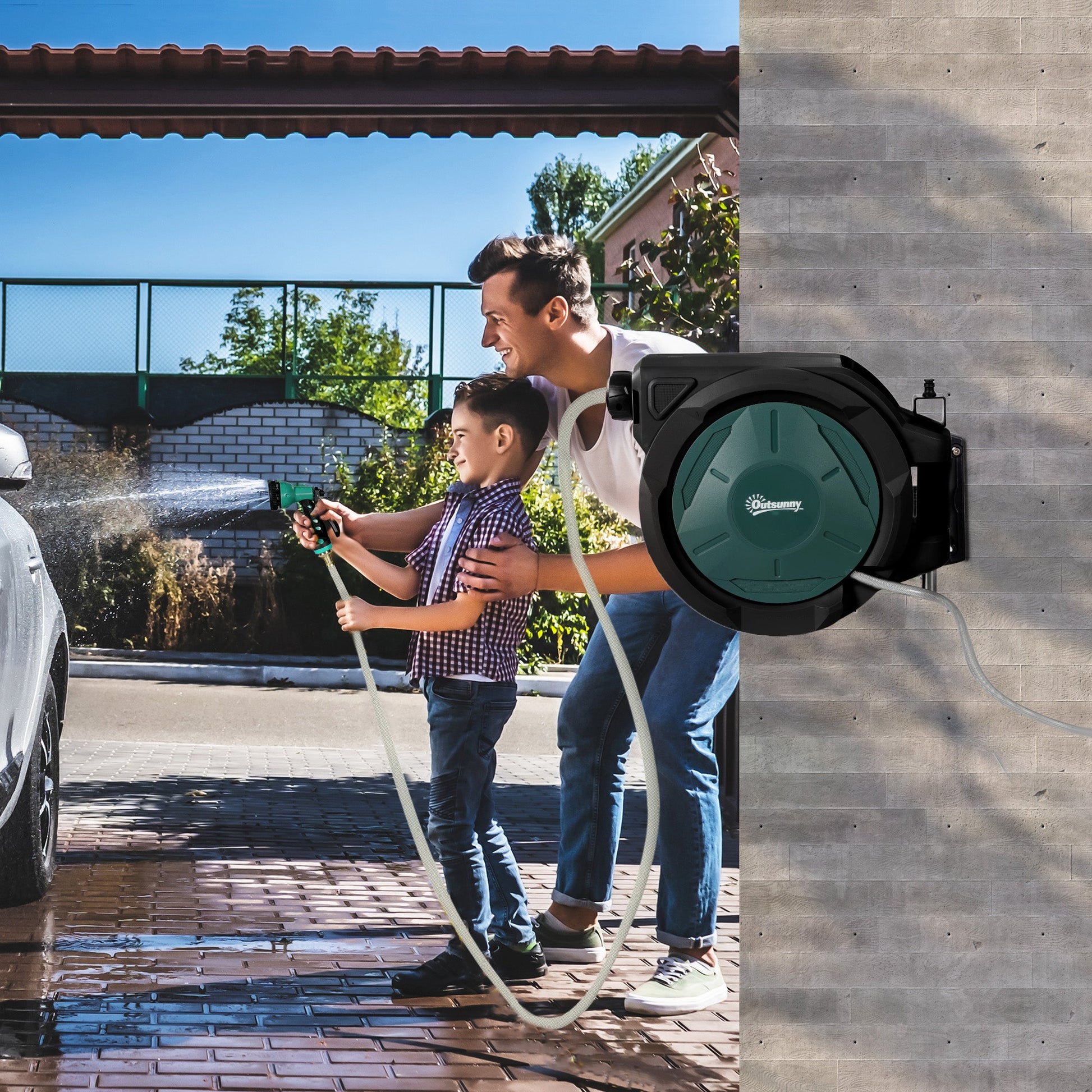 Retractable Garden Hose Reel, 1/2 in x 65ft Wall Mounted Water Hose Reel with 7- Function Sprayer Nozzle, Auto Rewind, Any Length Lock, 180° Swivel Bracket, Blue