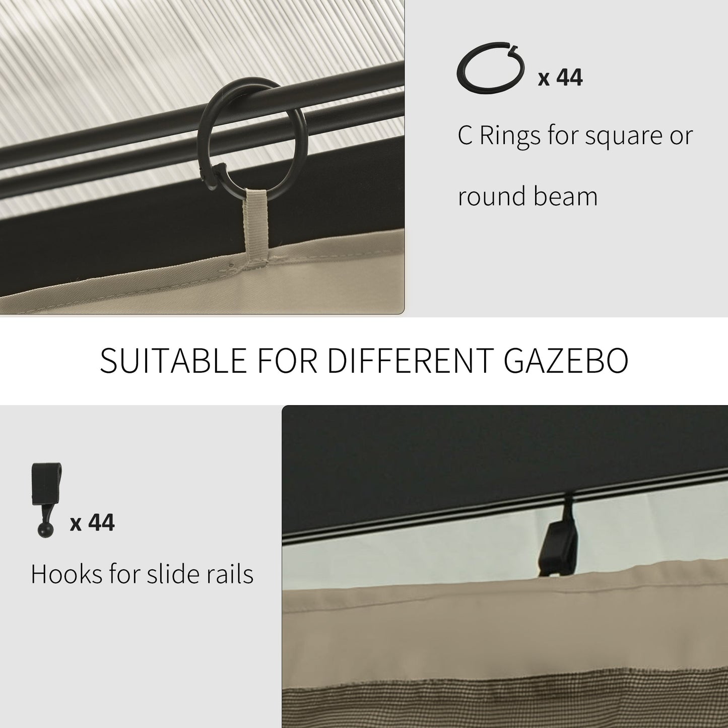 10' x 12' Universal Gazebo Sidewall Set with 4 Panels, Hooks/C-Rings Included for Pergolas & Cabanas, Beige