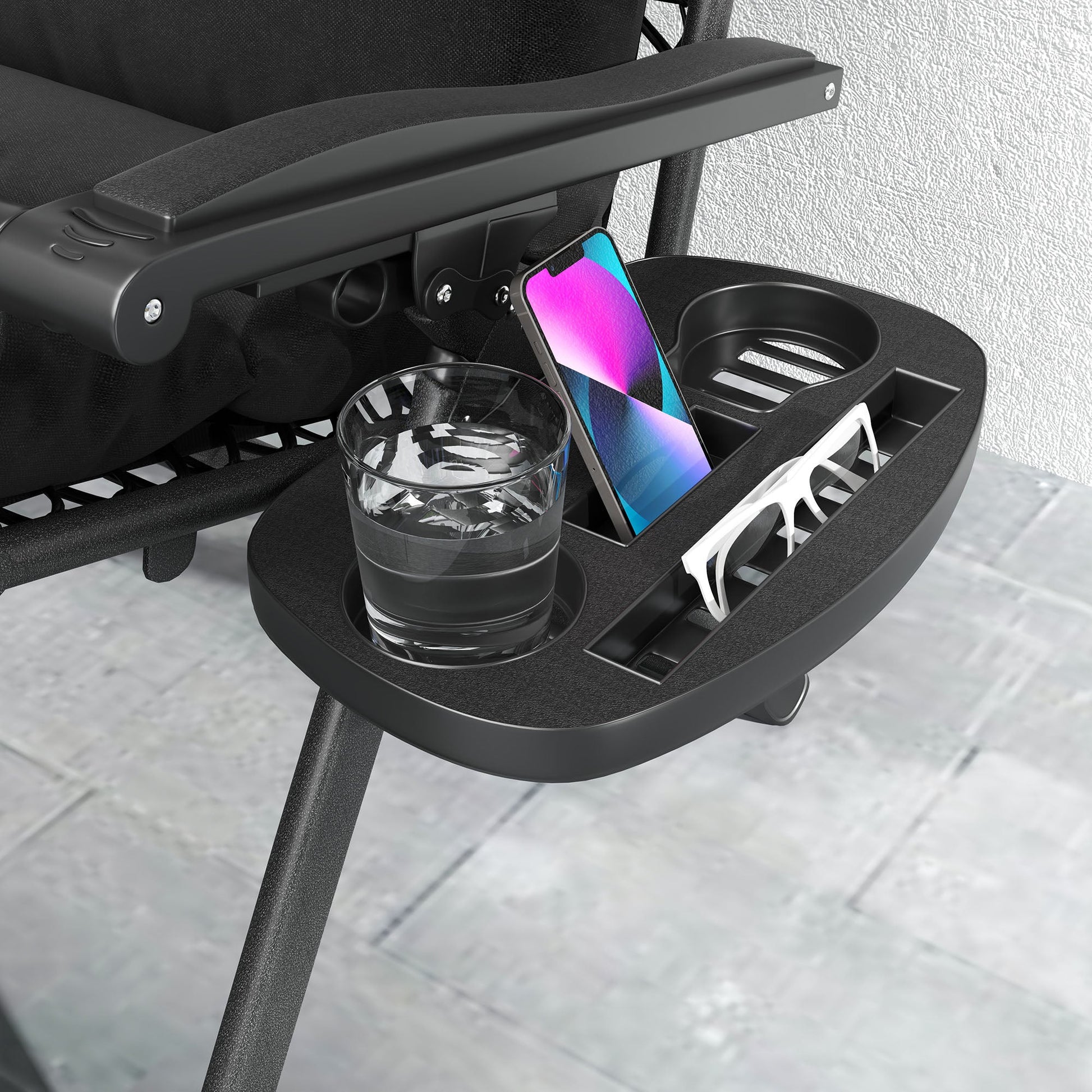 Reclining Zero Gravity Chair with Adjustable Backrest, Folding Garden Sun Lounger with Removable Cushion, Headrest Cup Phone Holder Tray, Set of 2, Black