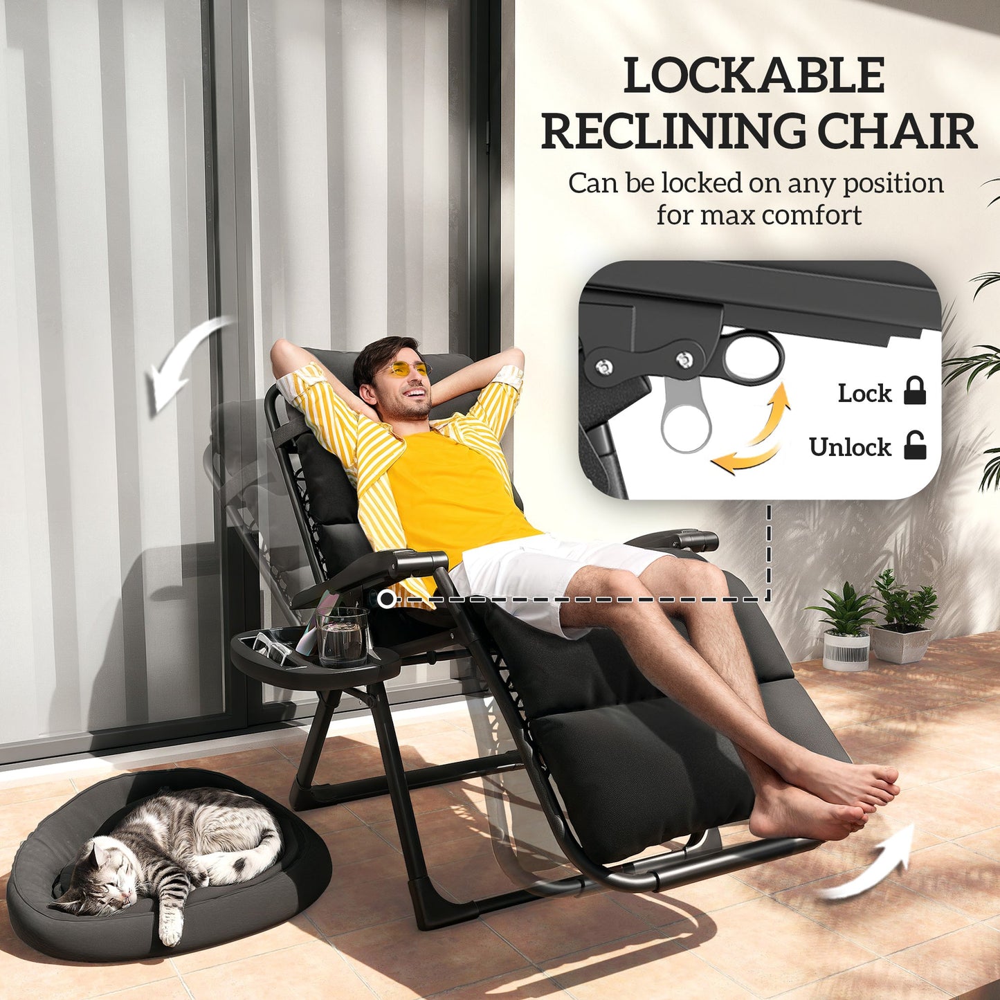 Reclining Zero Gravity Chair with Adjustable Backrest, Folding Garden Sun Lounger with Removable Cushion, Headrest Cup Phone Holder Tray, Set of 2, Black