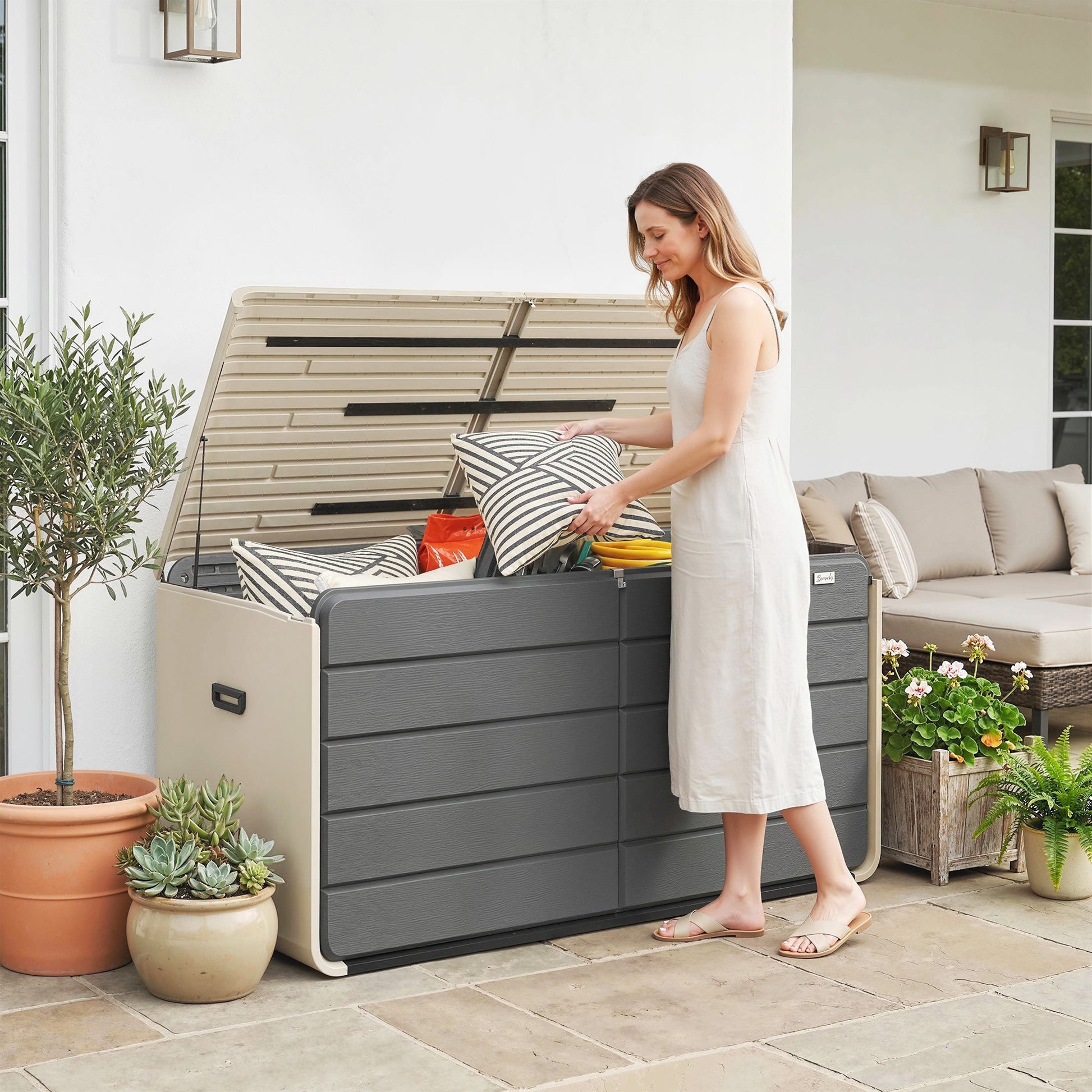757 L Garden Storage Box, HDPE Deck Box with Wheels, Lockable Lid, Pneumatic Gas Rods and Side Handles, Outdoor Patio Storage Container for Garden Tools, Beige and Grey