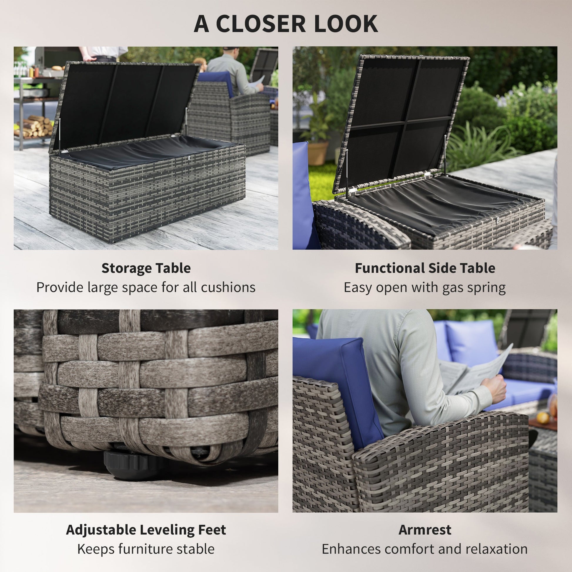 6 Pieces Wicker Patio Furniture Set with Cushions, 7-Seater Rattan Patio Sofa Set with Storage Coffee Table & Side Table, Sectional Outdoor Furniture Set, Navy Blue