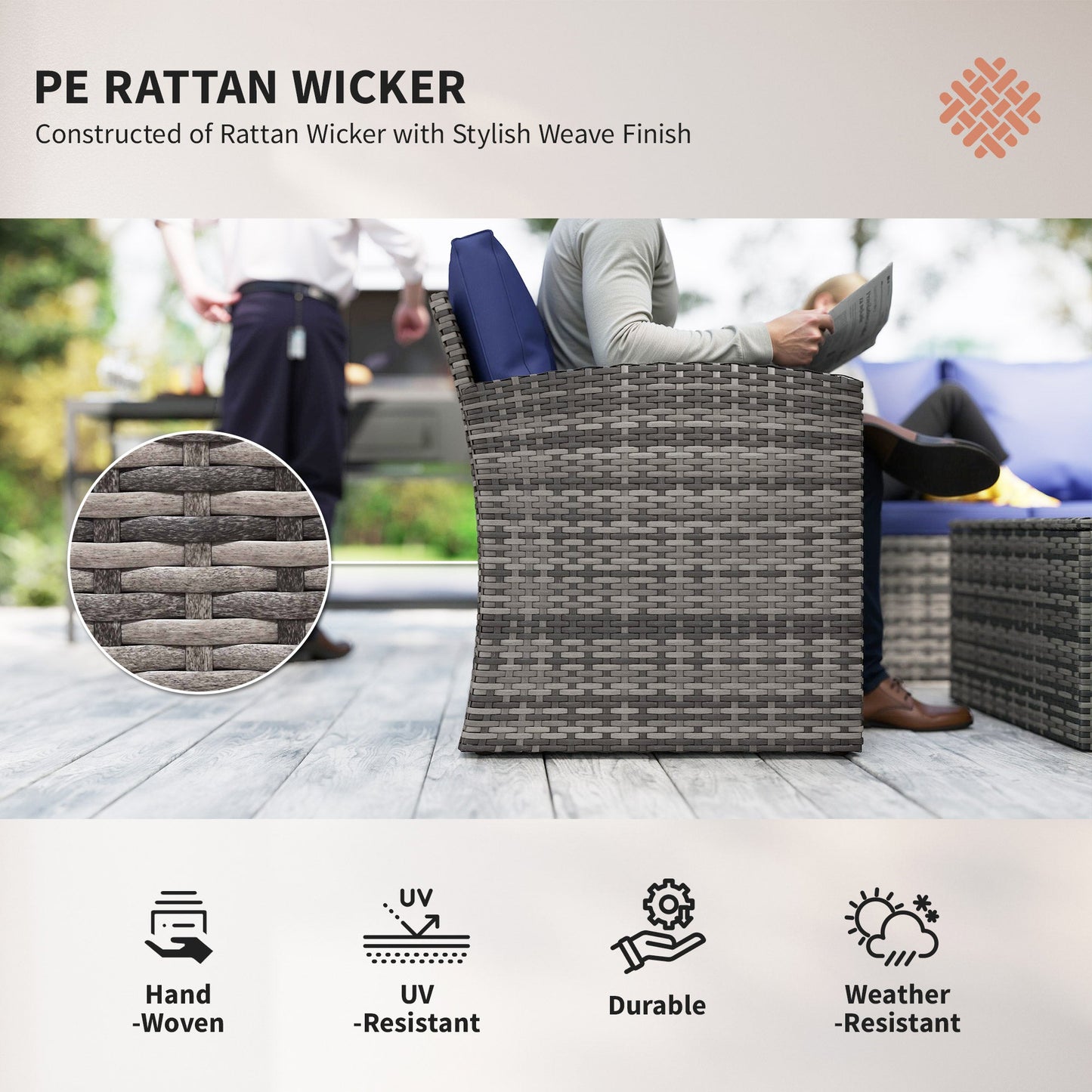 6 Pieces Wicker Patio Furniture Set with Cushions, 7-Seater Rattan Patio Sofa Set with Storage Coffee Table & Side Table, Sectional Outdoor Furniture Set, Navy Blue