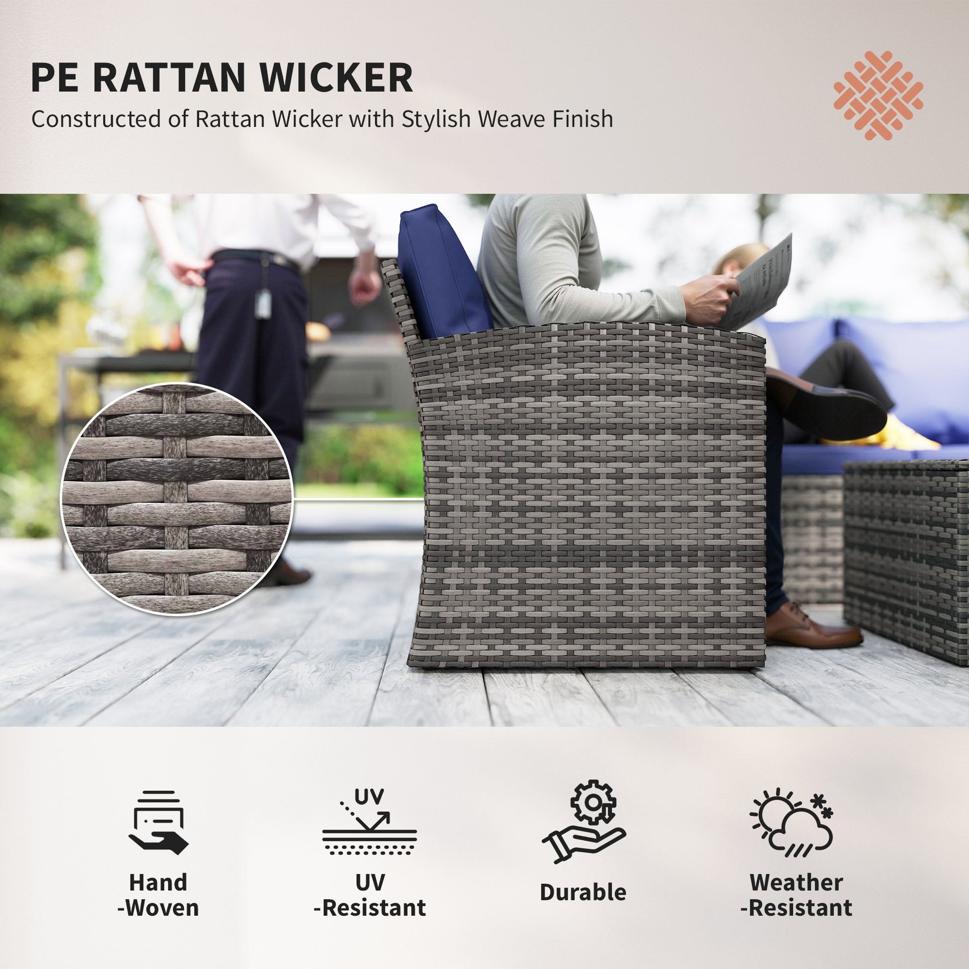 6 Pieces Wicker Patio Furniture Set with Cushions, 7-Seater Rattan Patio Sofa Set with Storage Coffee Table & Side Table, Sectional Outdoor Furniture Set, Navy Blue