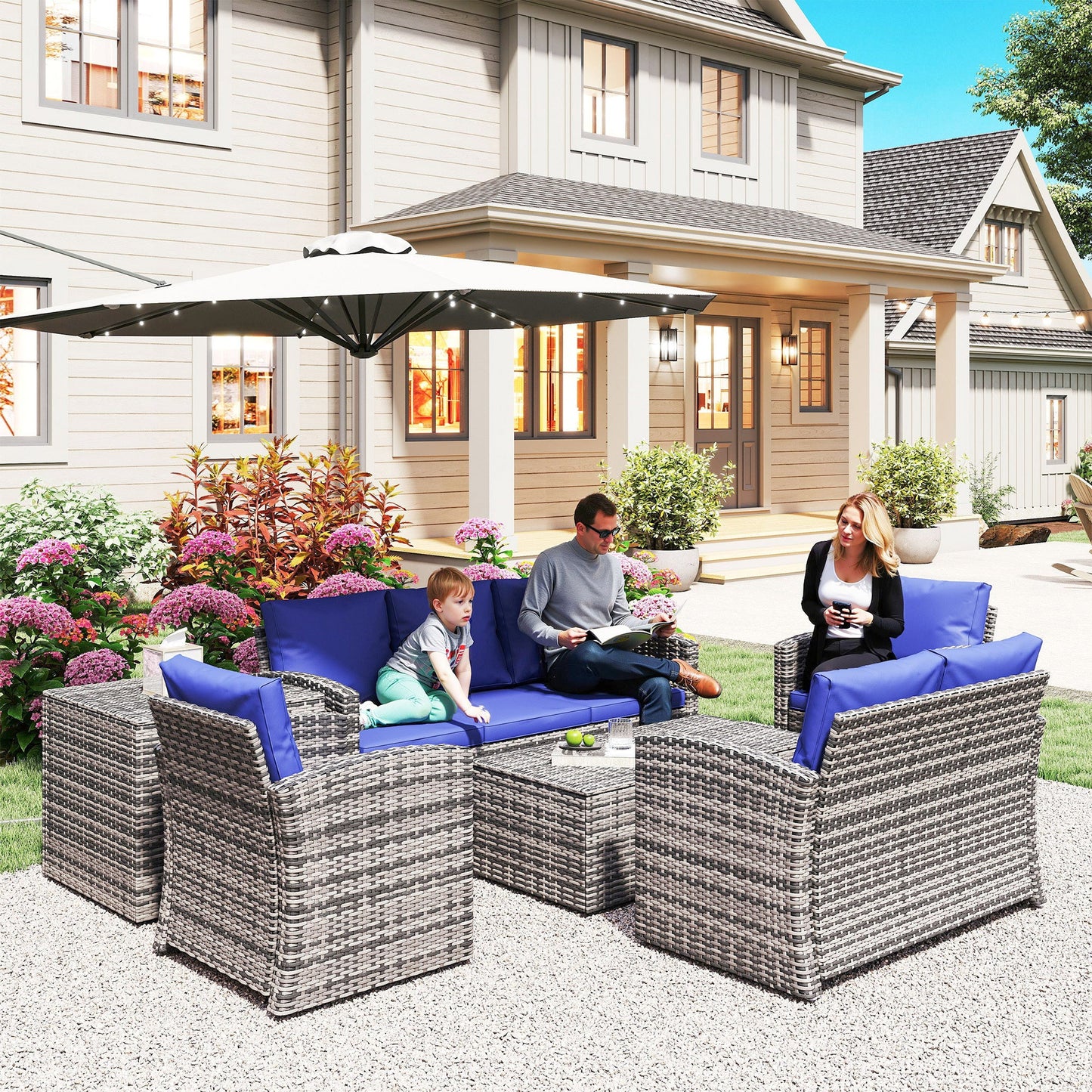 6 Pieces Wicker Patio Furniture Set with Cushions, 7-Seater Rattan Patio Sofa Set with Storage Coffee Table & Side Table, Sectional Outdoor Furniture Set, Navy Blue