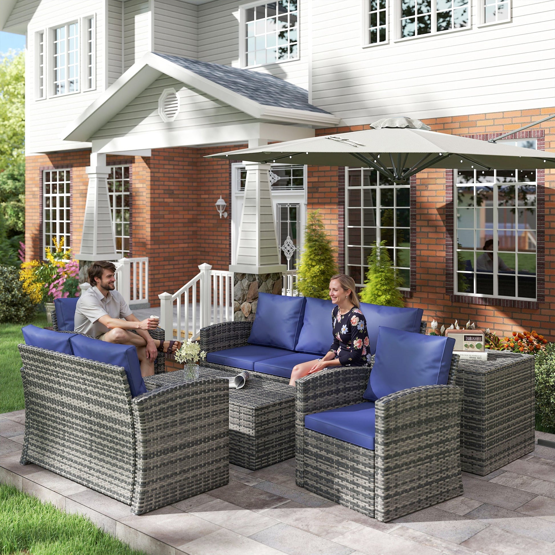 6 Pieces Wicker Patio Furniture Set with Cushions, 7-Seater Rattan Patio Sofa Set with Storage Coffee Table & Side Table, Sectional Outdoor Furniture Set, Navy Blue