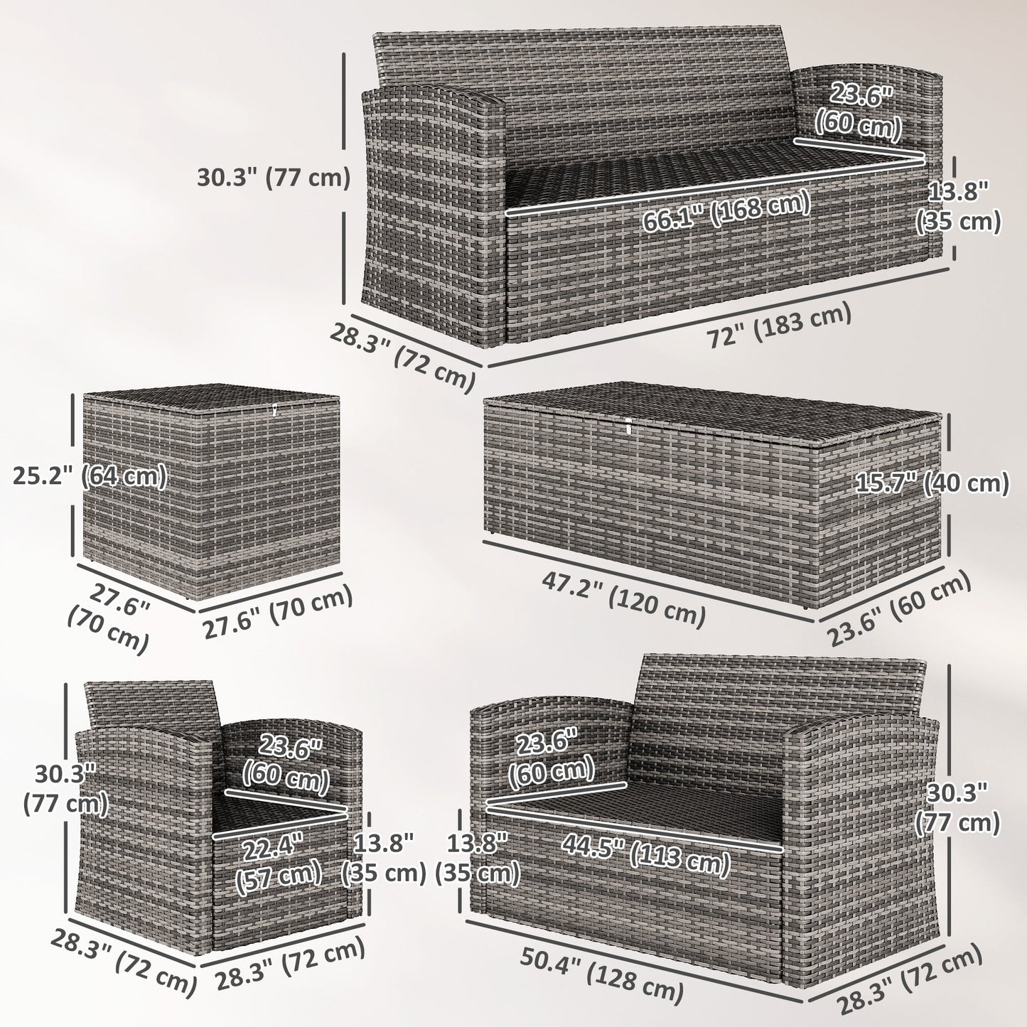 6 Pieces Wicker Patio Furniture Set with Cushions, 7-Seater Rattan Patio Sofa Set with Storage Coffee Table & Side Table, Sectional Outdoor Furniture Set, Navy Blue