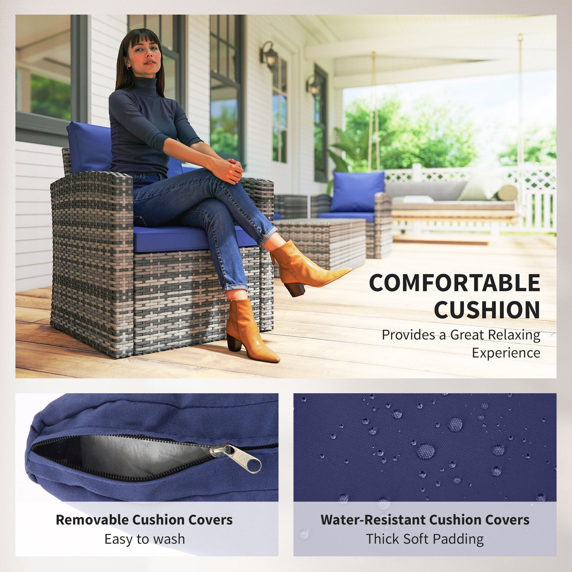 6 Pieces Wicker Patio Furniture Set with Cushions, 7-Seater Rattan Patio Sofa Set with Storage Coffee Table & Side Table, Sectional Outdoor Furniture Set, Navy Blue