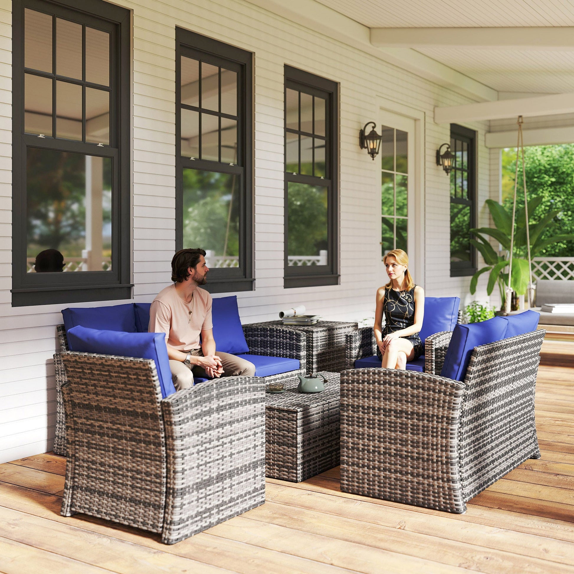 6 Pieces Wicker Patio Furniture Set with Cushions, 7-Seater Rattan Patio Sofa Set with Storage Coffee Table & Side Table, Sectional Outdoor Furniture Set, Navy Blue