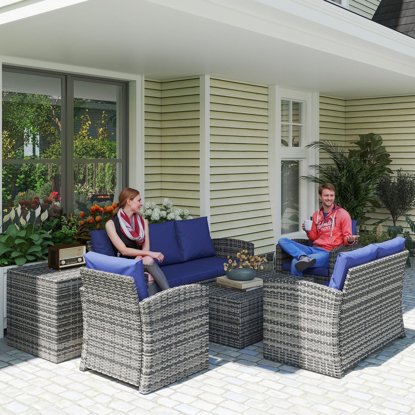 6 Pieces Wicker Patio Furniture Set with Cushions, 7-Seater Rattan Patio Sofa Set with Storage Coffee Table & Side Table, Sectional Outdoor Furniture Set, Navy Blue