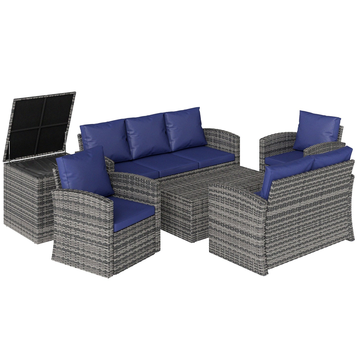 6 Pieces Wicker Patio Furniture Set with Cushions, 7-Seater Rattan Patio Sofa Set with Storage Coffee Table & Side Table, Sectional Outdoor Furniture Set, Navy Blue