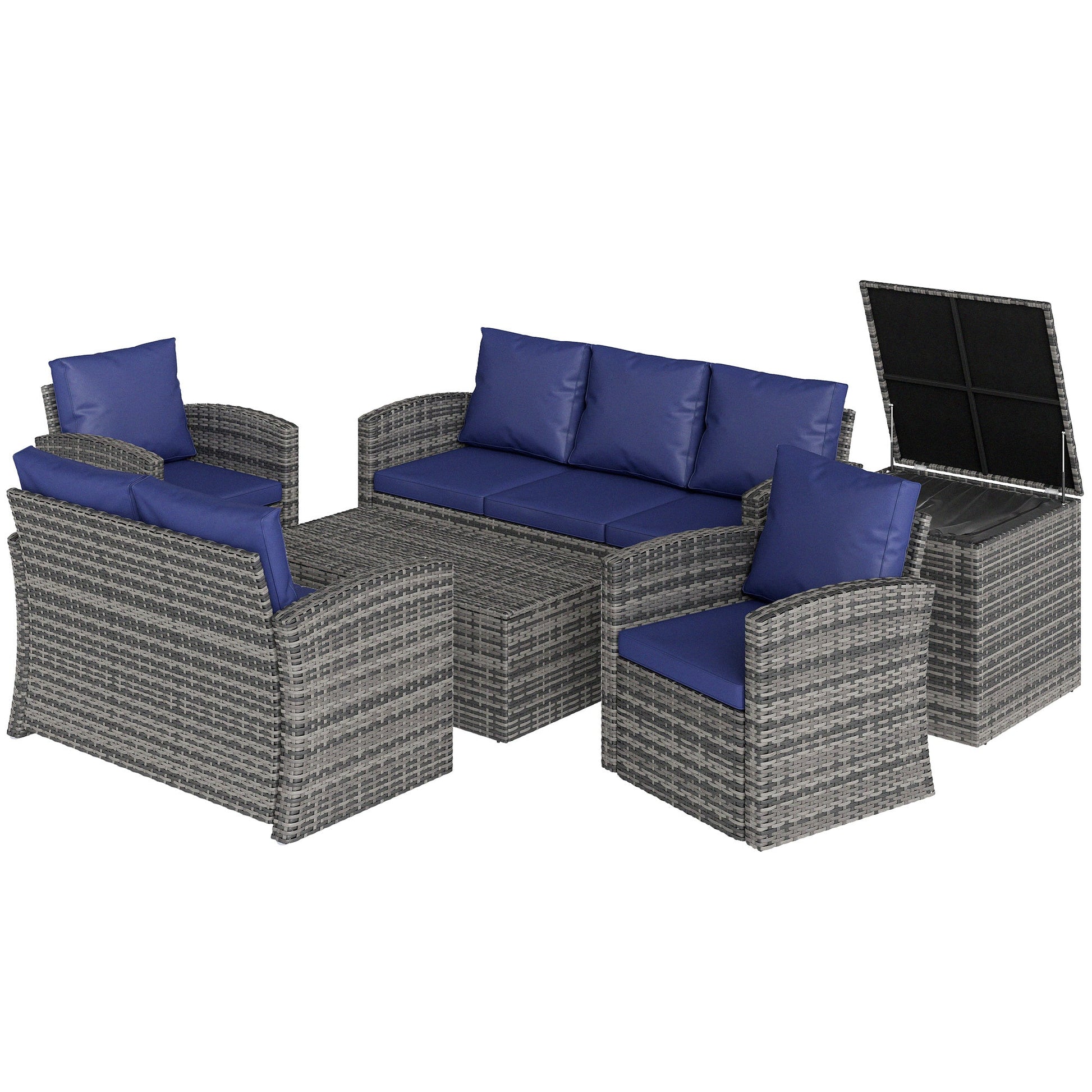 6 Pieces Wicker Patio Furniture Set with Cushions, 7-Seater Rattan Patio Sofa Set with Storage Coffee Table & Side Table, Sectional Outdoor Furniture Set, Navy Blue