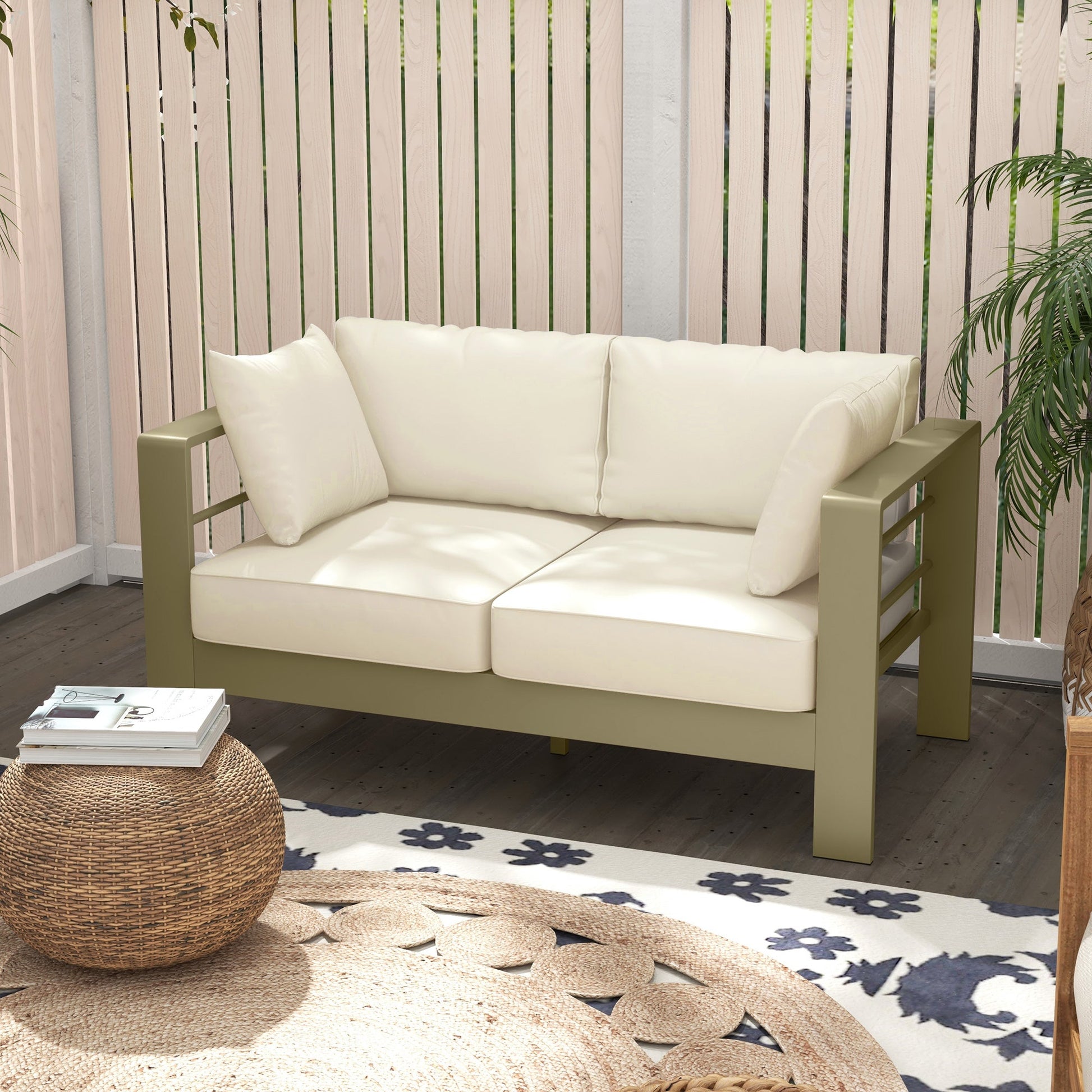 Aluminum Patio Loveseat with Thick Cushions, Outdoor Seating for 2 with Armrests, All-Weather Garden Sofa, for Garden, Balcony, Backyard, 54.3"x27.6"x24.6", Cream White