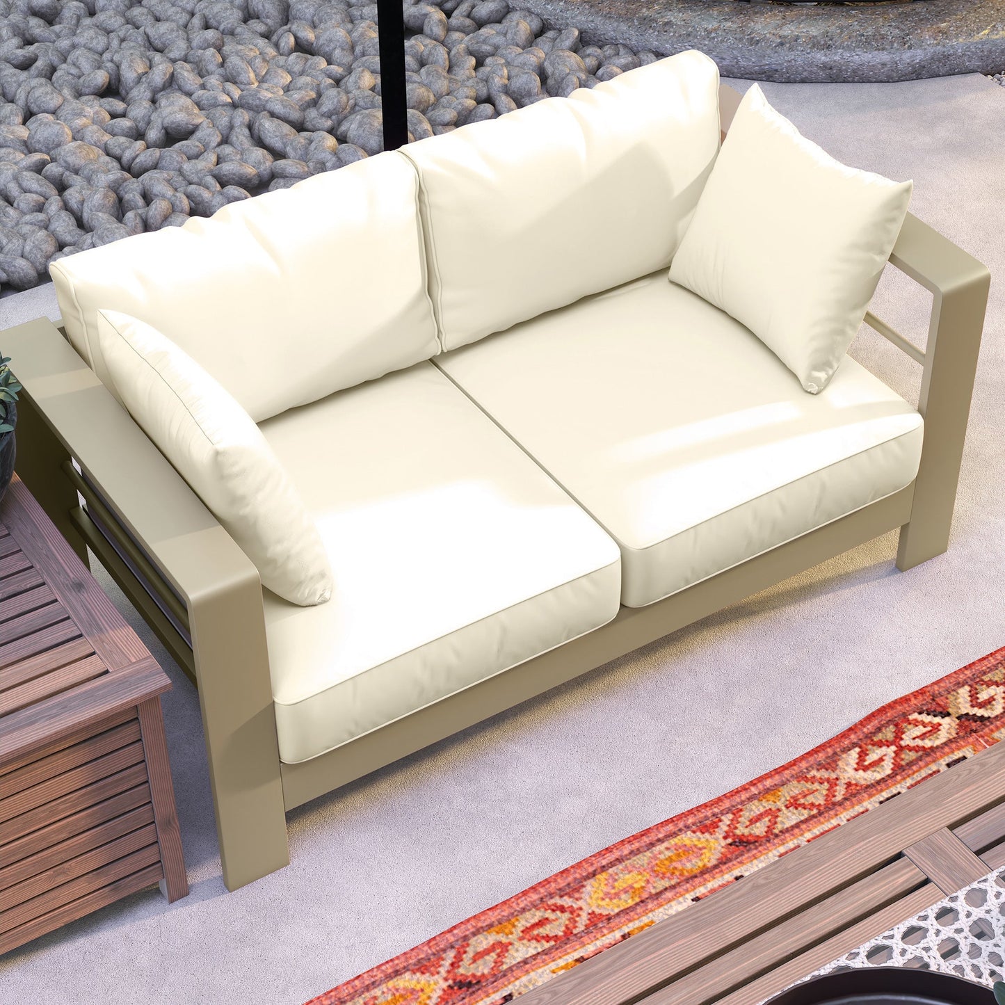 Aluminum Patio Loveseat with Thick Cushions, Outdoor Seating for 2 with Armrests, All-Weather Garden Sofa, for Garden, Balcony, Backyard, 54.3"x27.6"x24.6", Cream White
