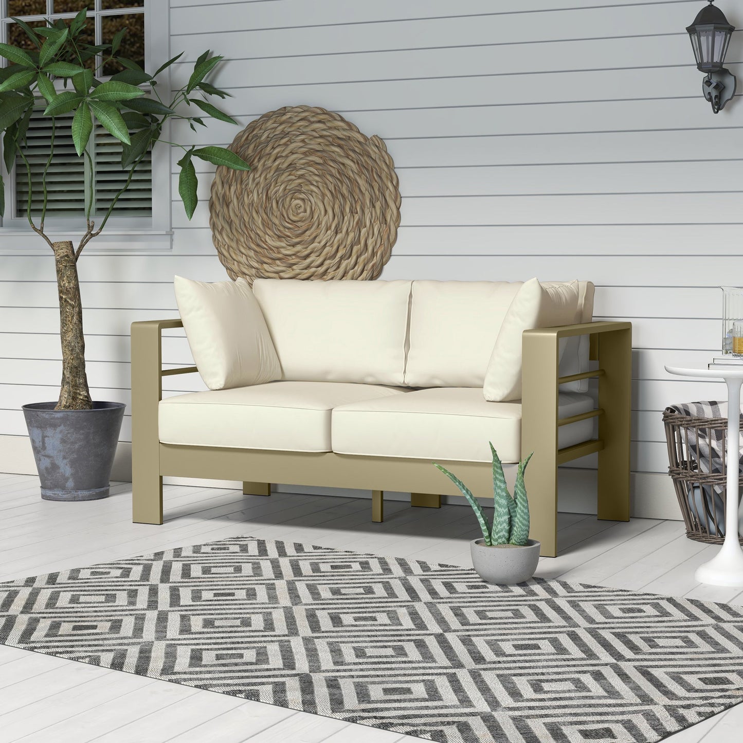 Aluminum Patio Loveseat with Thick Cushions, Outdoor Seating for 2 with Armrests, All-Weather Garden Sofa, for Garden, Balcony, Backyard, 54.3"x27.6"x24.6", Cream White