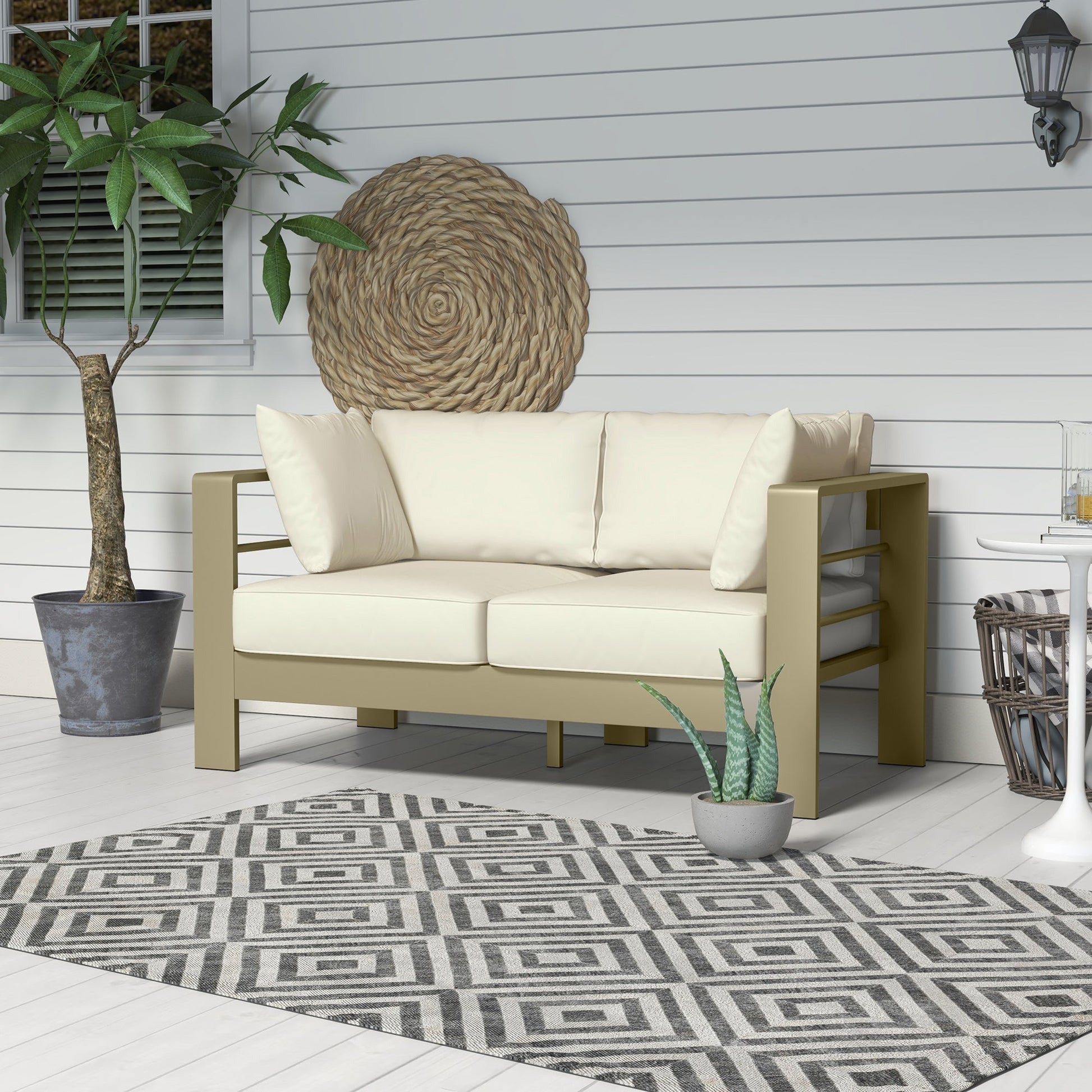 Aluminum Patio Loveseat with Thick Cushions, Outdoor Seating for 2 with Armrests, All-Weather Garden Sofa, for Garden, Balcony, Backyard, 54.3"x27.6"x24.6", Cream White