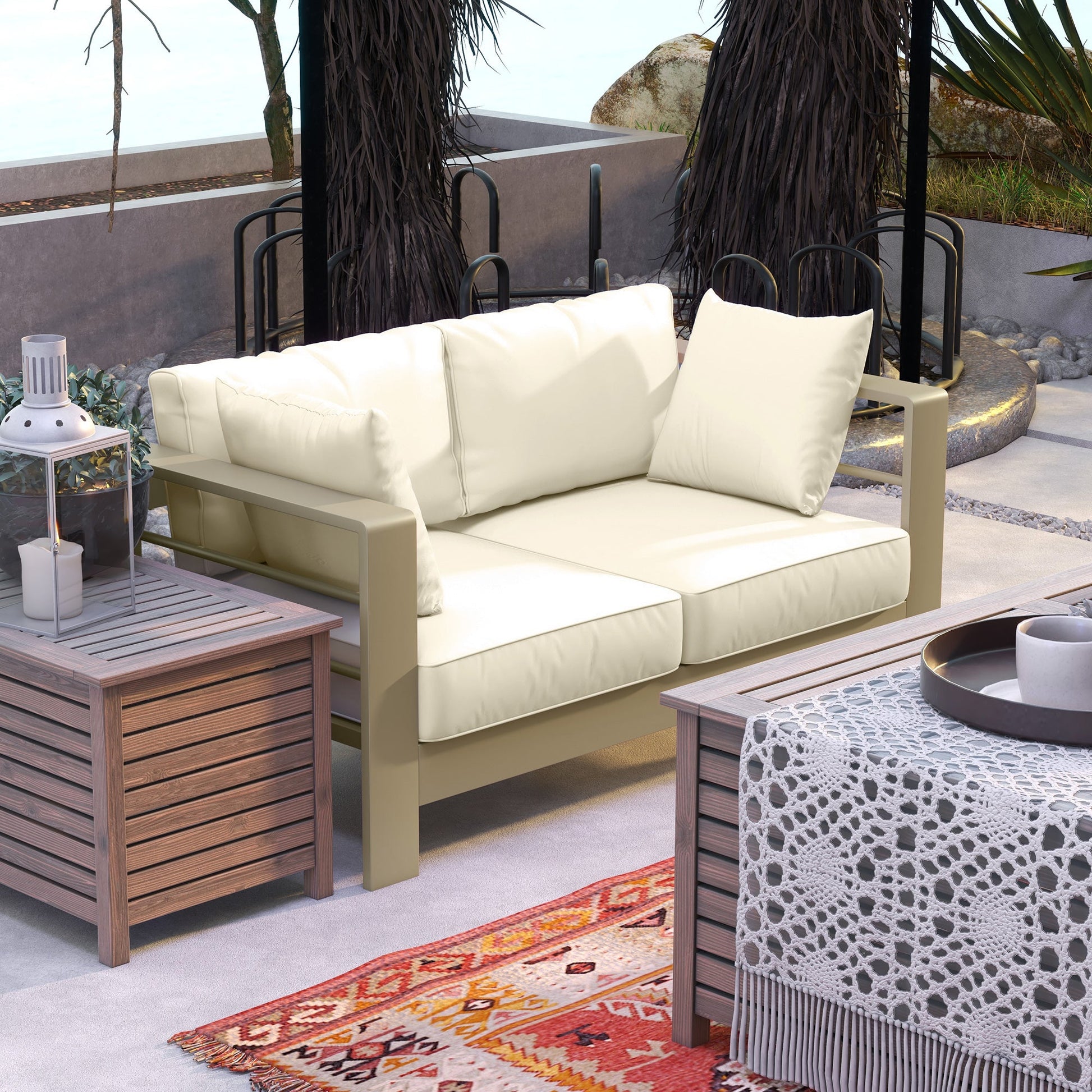 Aluminum Patio Loveseat with Thick Cushions, Outdoor Seating for 2 with Armrests, All-Weather Garden Sofa, for Garden, Balcony, Backyard, 54.3"x27.6"x24.6", Cream White