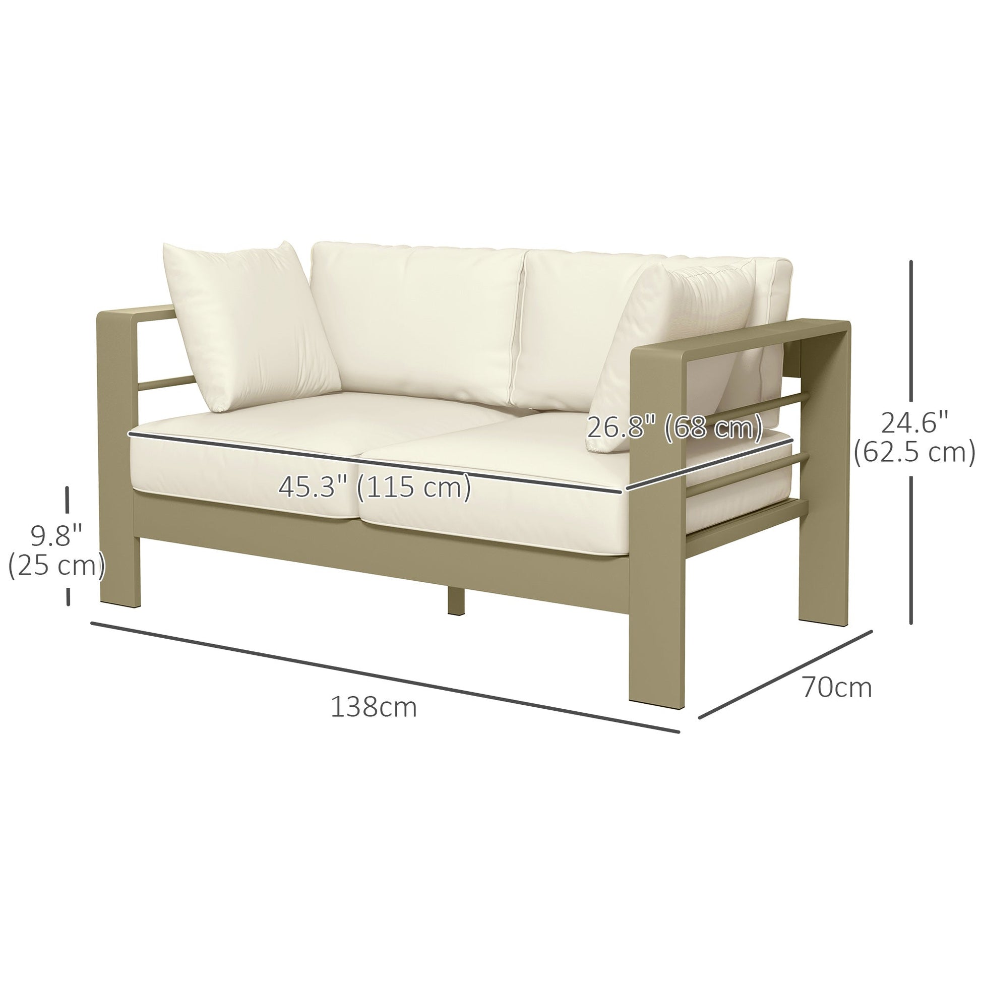 Aluminum Patio Loveseat with Thick Cushions, Outdoor Seating for 2 with Armrests, All-Weather Garden Sofa, for Garden, Balcony, Backyard, 54.3"x27.6"x24.6", Cream White