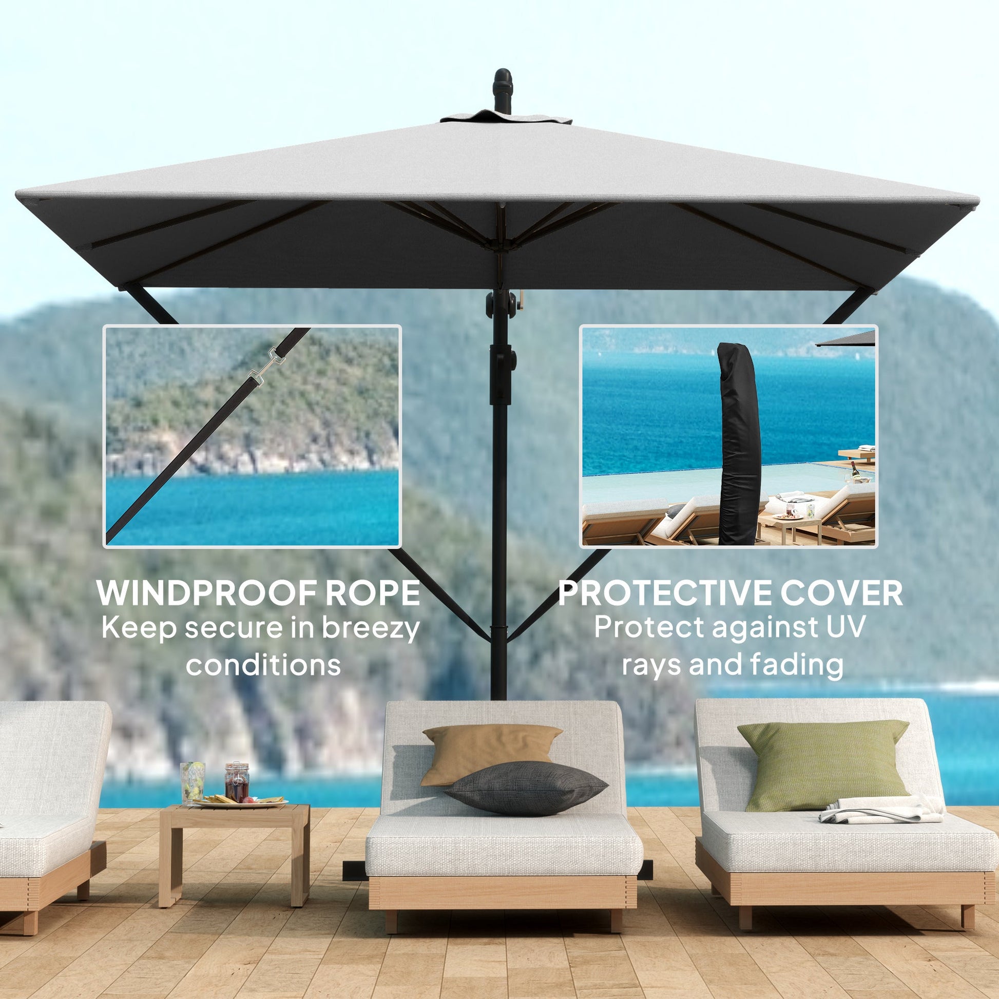 Patio Offset Umbrella UPF 50+ UV Protection, Water-Resistant, Crank Parasol with Base, Cover & Wind Securing, Tiltable Garden Umbrella for Balcony & Patio, Grey