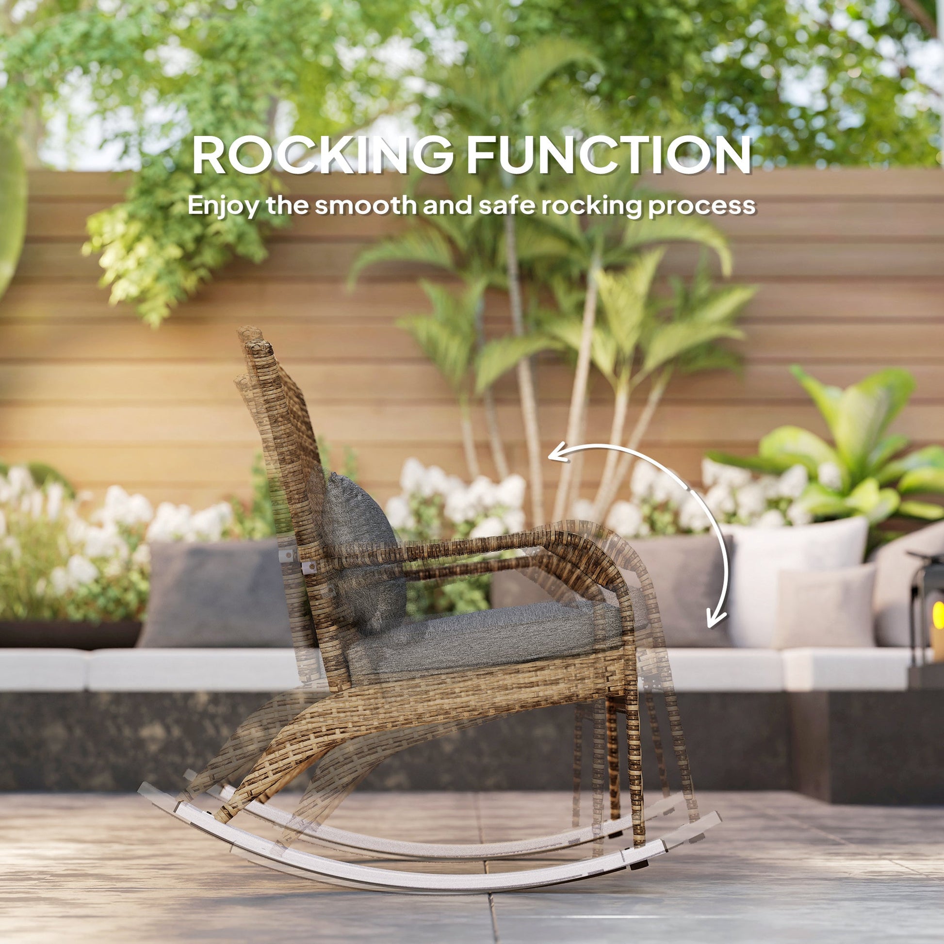 Outdoor Wicker Adirondack Rocking Chair, Patio Rattan Rocker Chair with High Back, Seat Cushion and Pillow for Garden, Porch, Balcony, Grey/Mixed Yellow