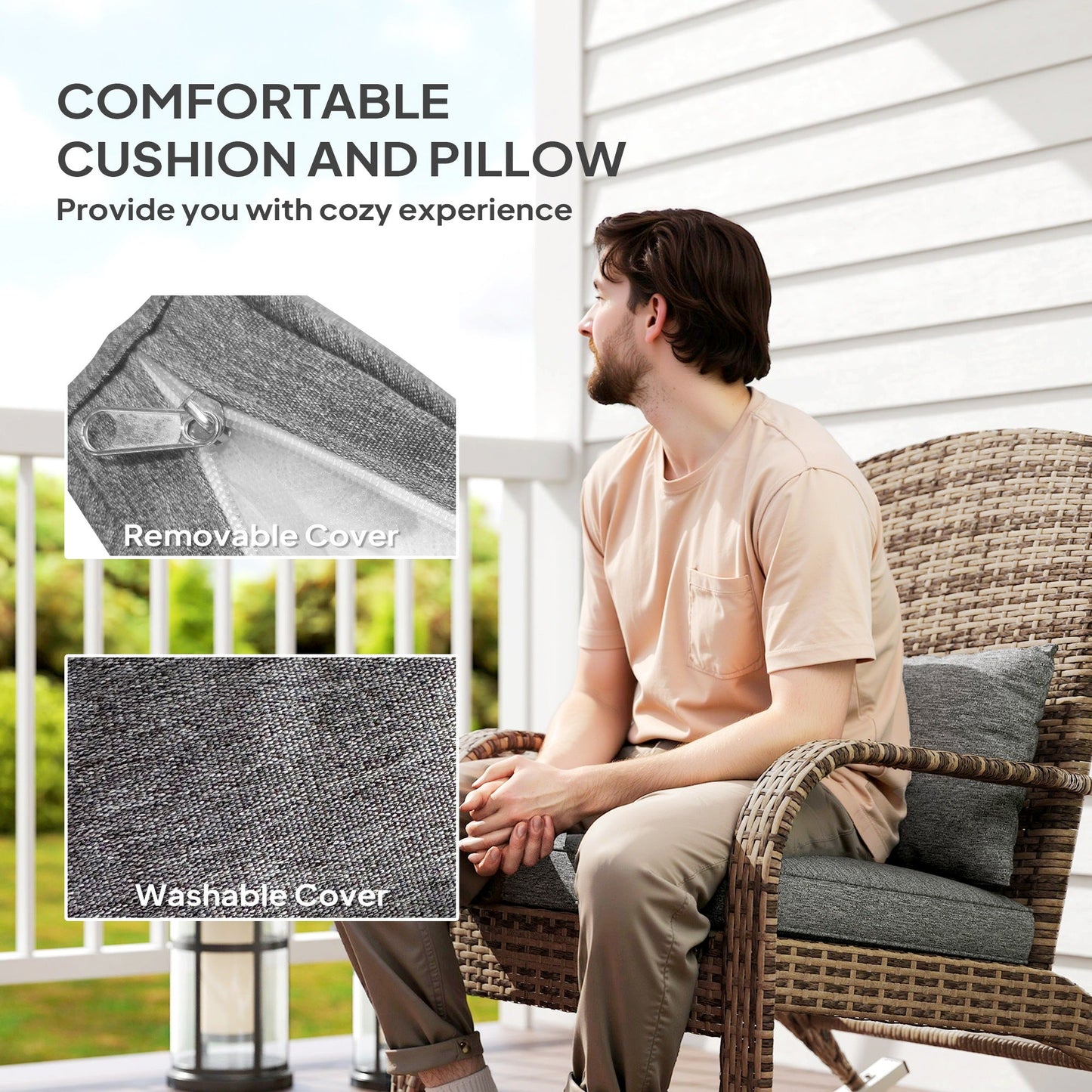 Outdoor Wicker Adirondack Rocking Chair, Patio Rattan Rocker Chair with High Back, Seat Cushion and Pillow for Garden, Porch, Balcony, Grey/Mixed Yellow