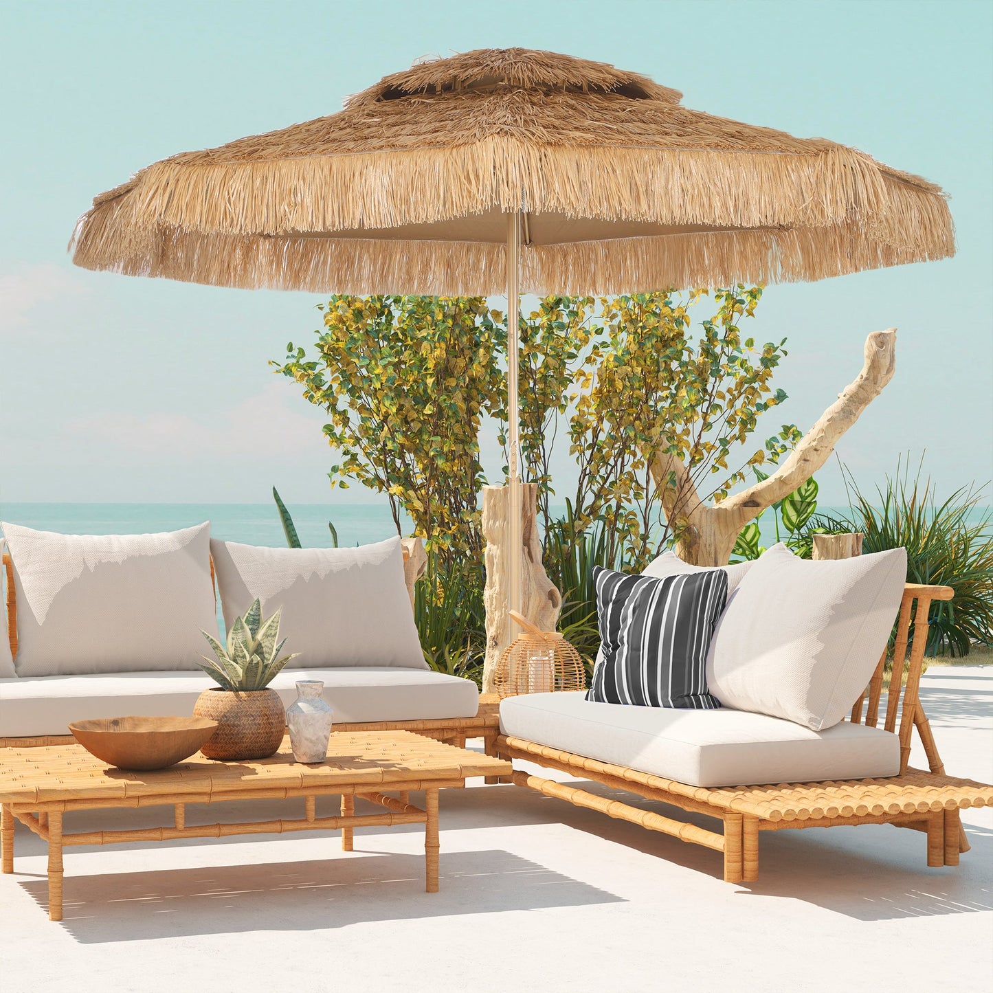 10FT Hula Thatched Tiki Patio Umbrella, 2-Tier Tropical Hawaiian Style Outdoor Umbrella with 8 Ribs, UPF30+, for Garden, Backyard, Deck, Pool, Natural