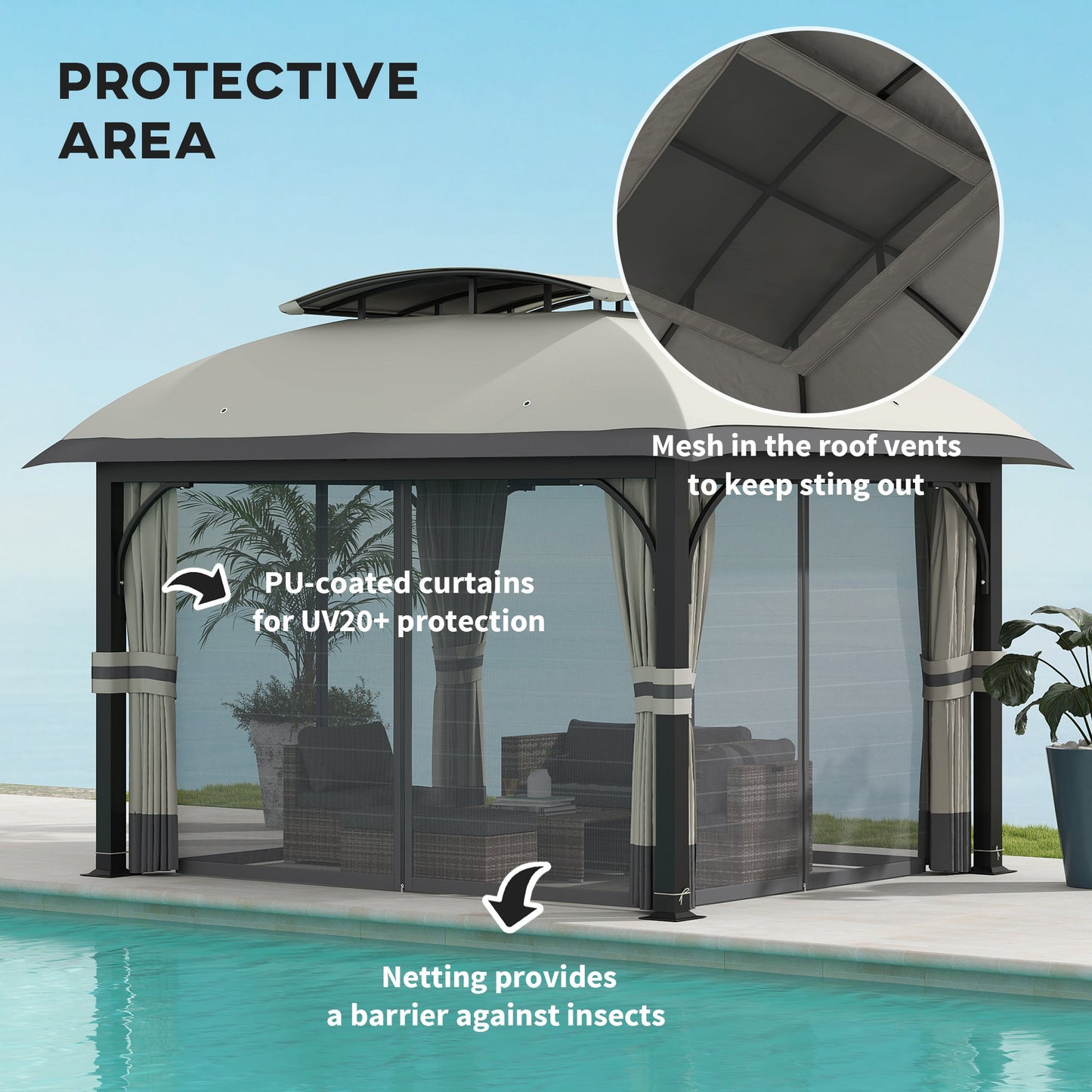 11' x 13' Patio Gazebo, Double Roof Outdoor Gazebo Canopy Shelter with Netting & Curtains, Galvanized Metal Frame for Garden, Lawn, Backyard and Deck, Light Grey