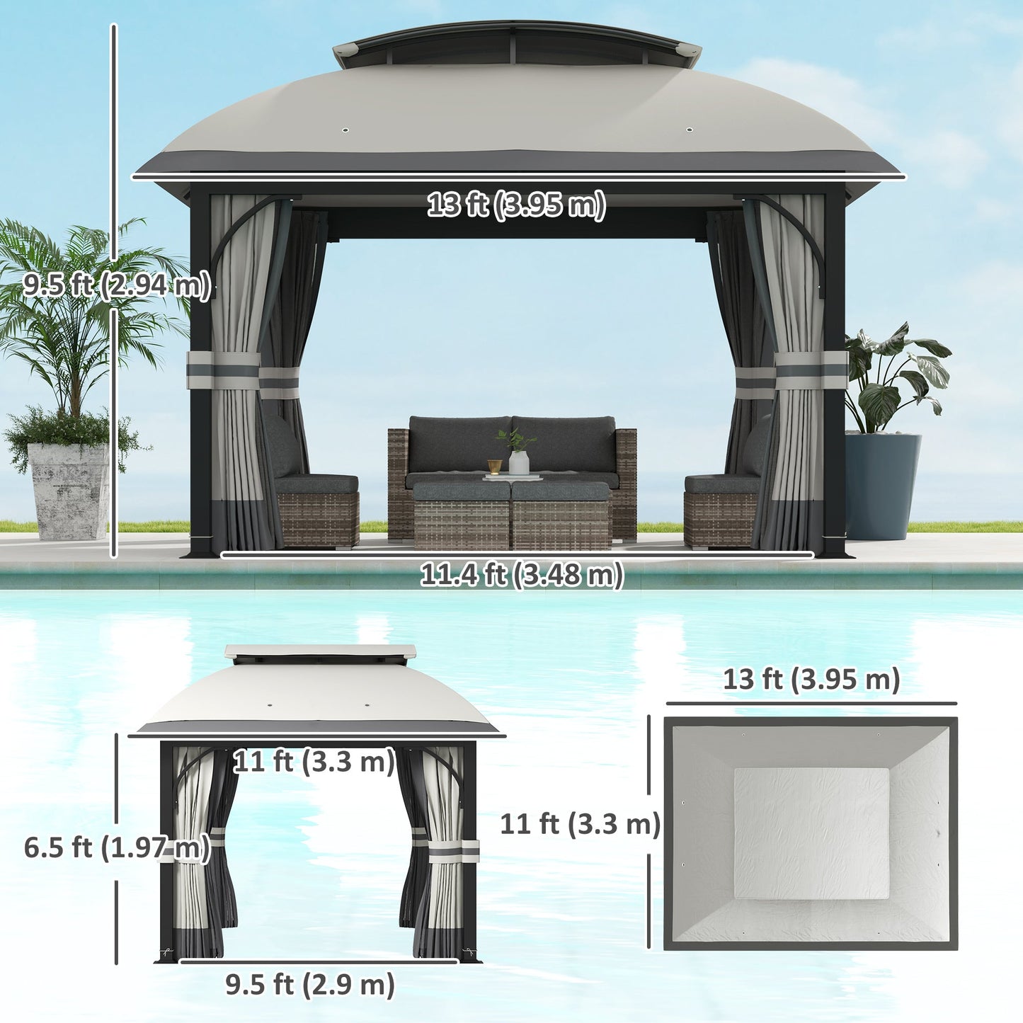  11' x 13' Patio Gazebo, Double Roof Outdoor Gazebo Canopy Shelter with Netting & Curtains, Galvanized Metal Frame for Garden, Lawn, Backyard and Deck, Light Grey