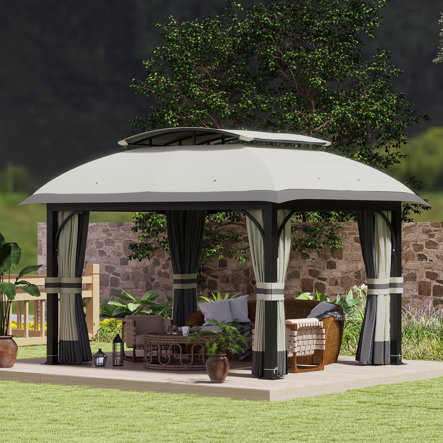  11' x 13' Patio Gazebo, Double Roof Outdoor Gazebo Canopy Shelter with Netting & Curtains, Galvanized Metal Frame for Garden, Lawn, Backyard and Deck, Light Grey