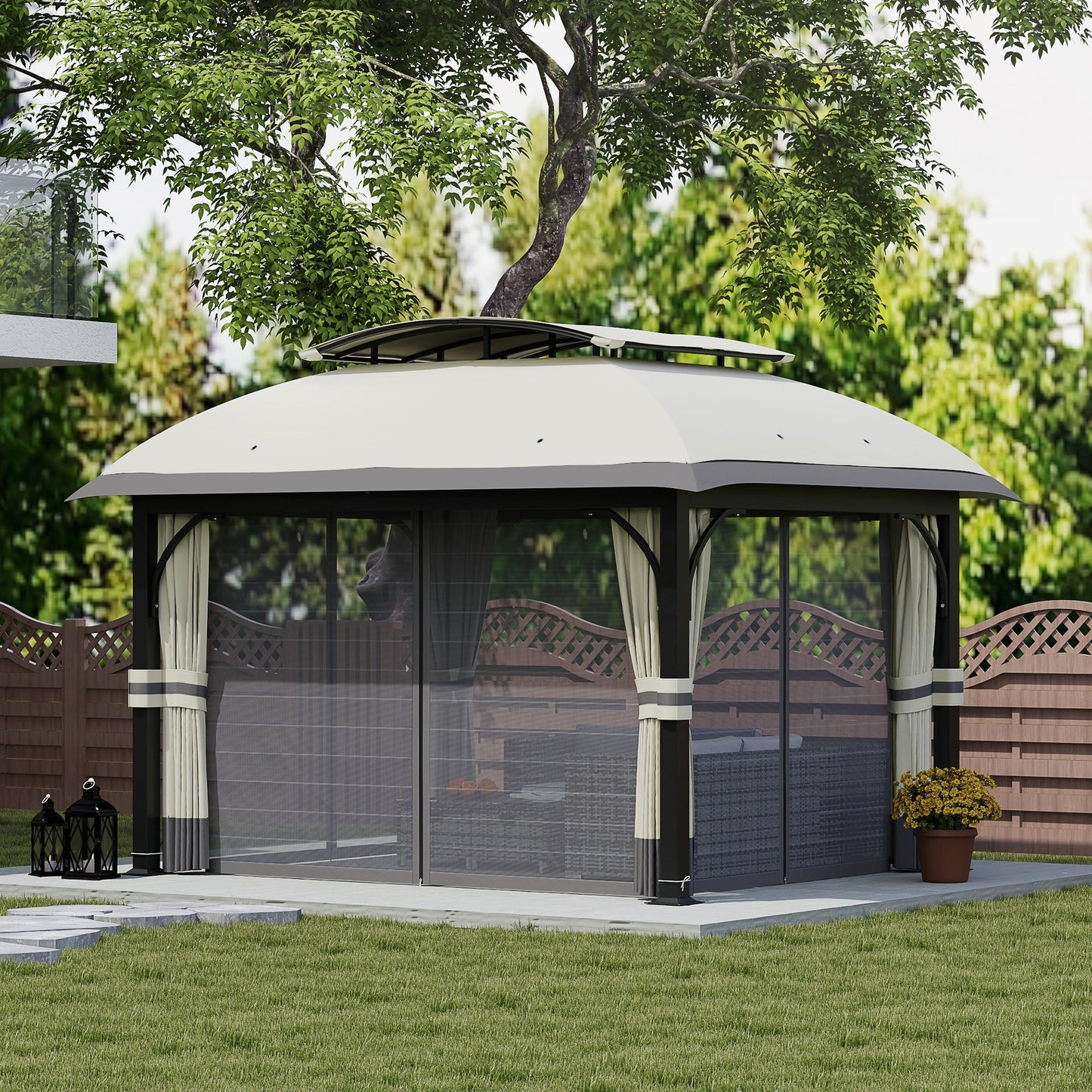  11' x 13' Patio Gazebo, Double Roof Outdoor Gazebo Canopy Shelter with Netting & Curtains, Galvanized Metal Frame for Garden, Lawn, Backyard and Deck, Light Grey