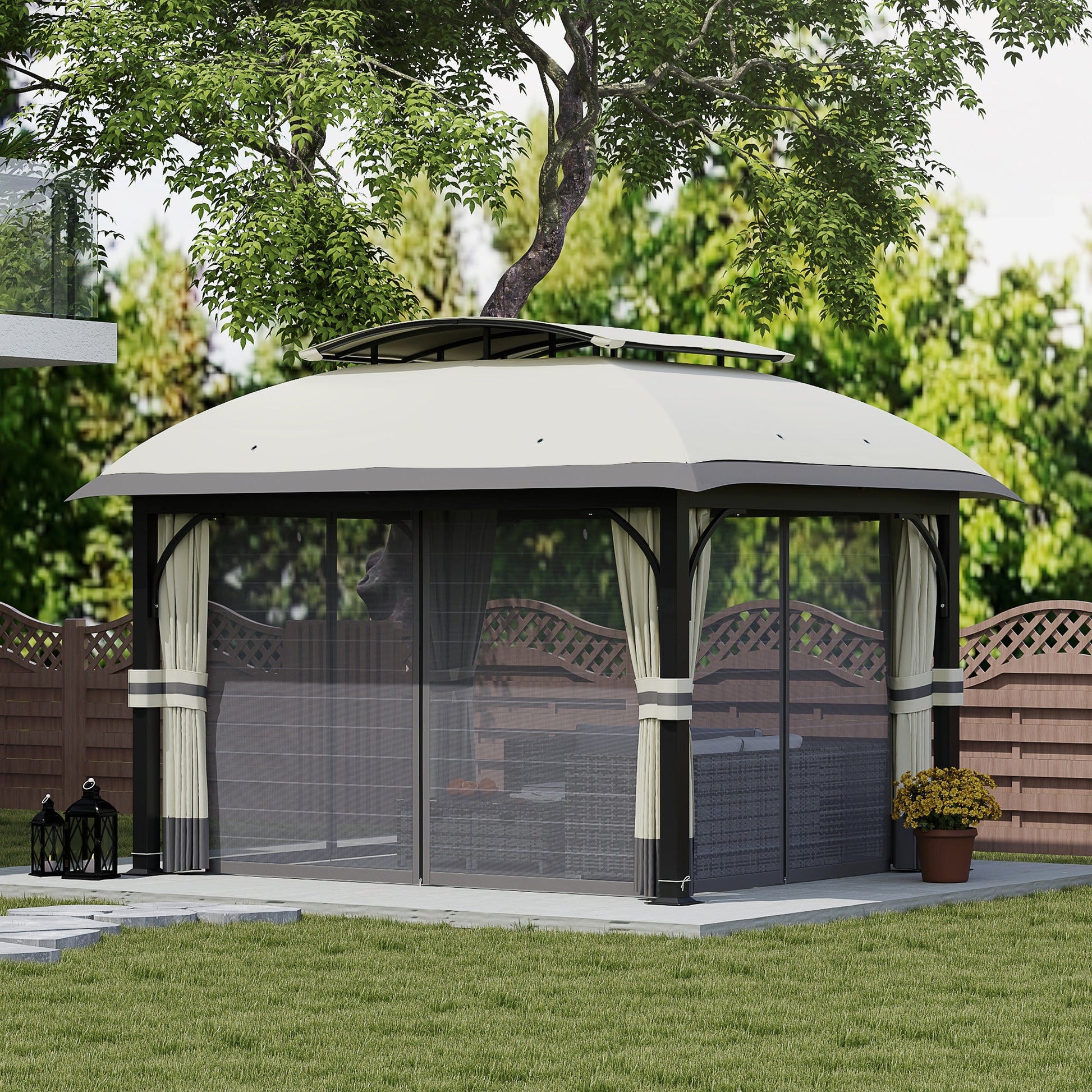  11' x 13' Patio Gazebo, Double Roof Outdoor Gazebo Canopy Shelter with Netting & Curtains, Galvanized Metal Frame for Garden, Lawn, Backyard and Deck, Light Grey