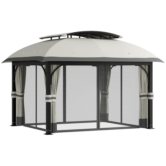 11' x 13' Patio Gazebo, Double Roof Outdoor Gazebo Canopy Shelter with Netting & Curtains, Galvanized Metal Frame for Garden, Lawn, Backyard and Deck, Light Grey