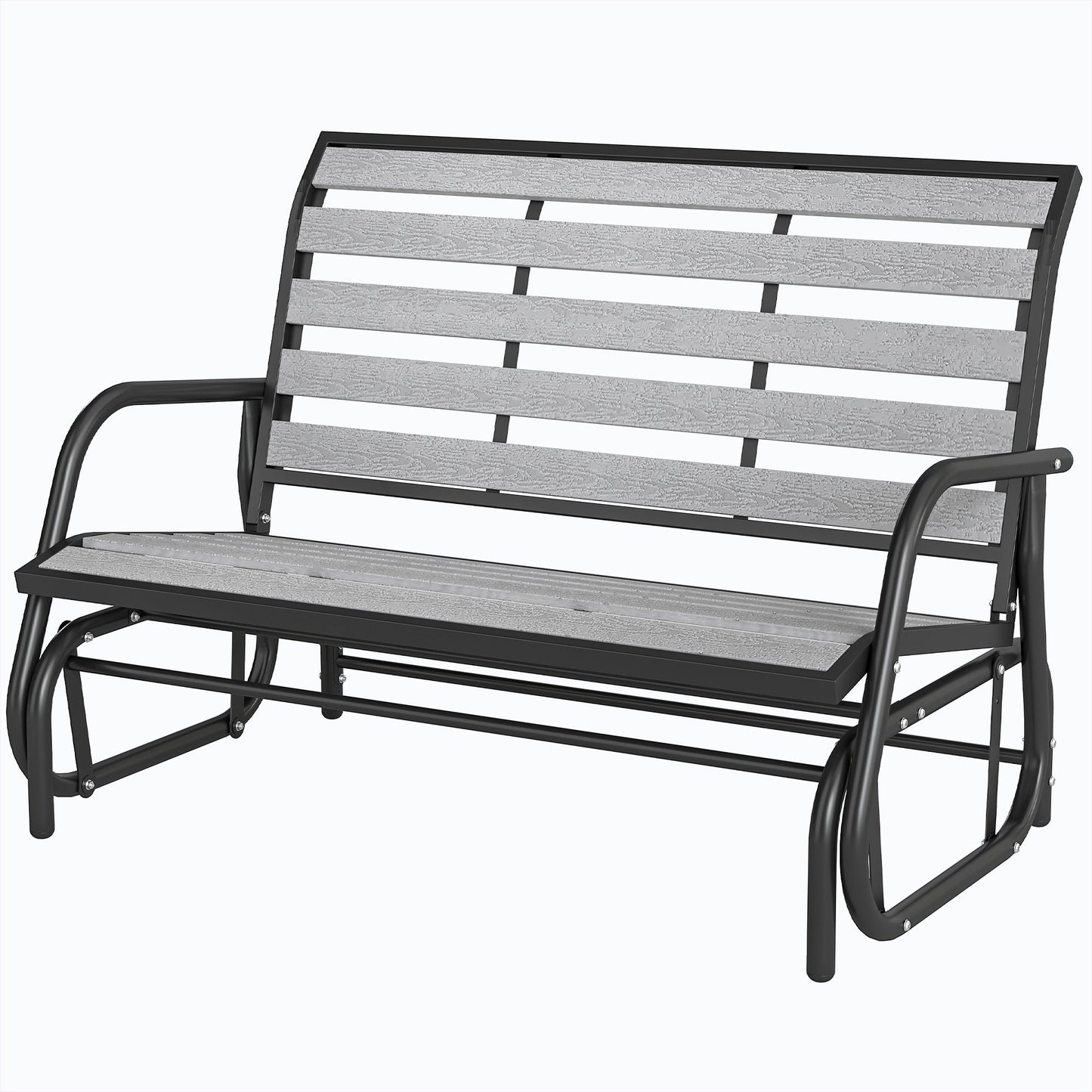 2 Person Outdoor Glider Bench, Patio Glider Swing Loveseat with Faux Wood Slatted Seat and Back, Outdoor Swing Bench with Steel Frame for Backyard, Garden, Porch, Grey