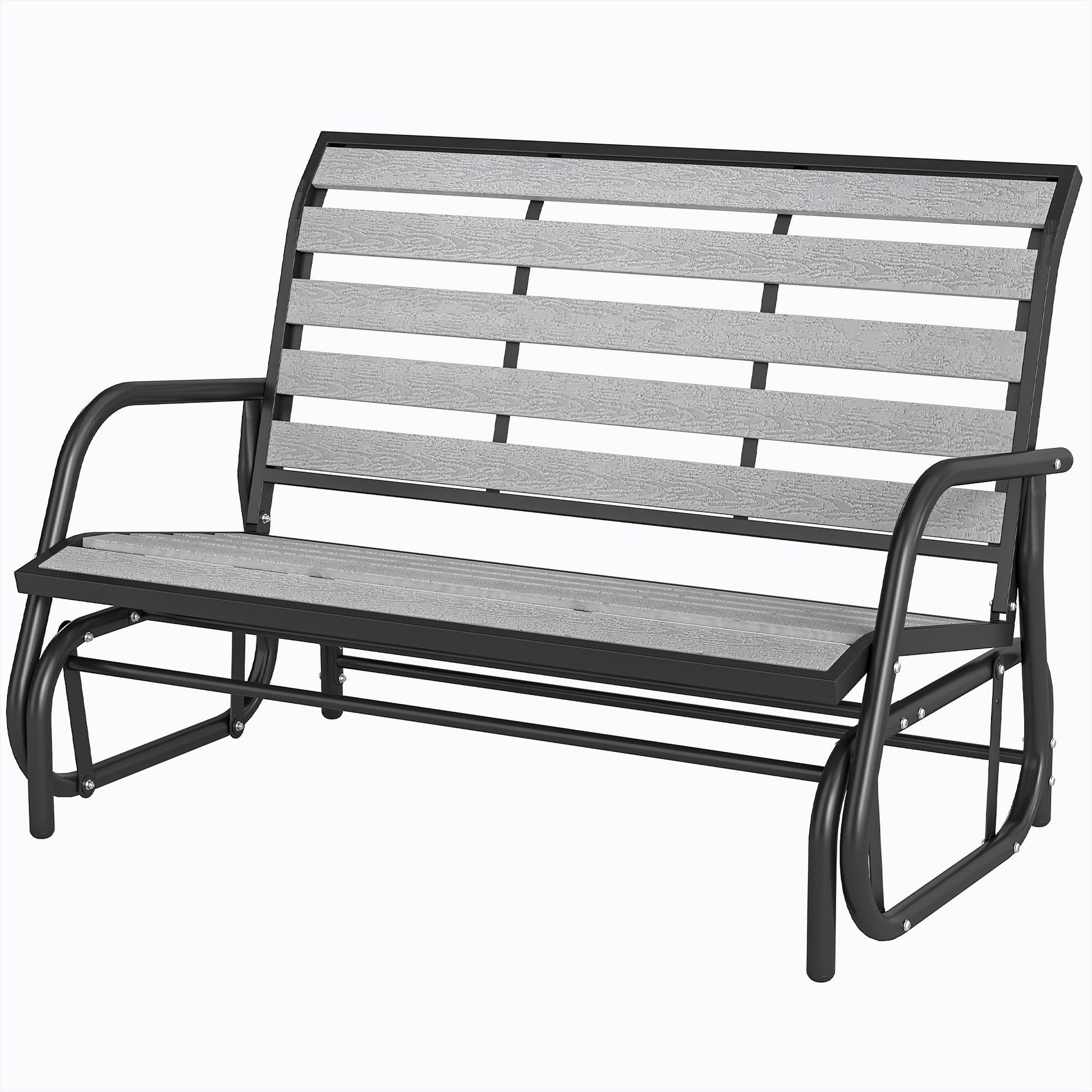 2 Person Outdoor Glider Bench, Patio Glider Swing Loveseat with Faux Wood Slatted Seat and Back, Outdoor Swing Bench with Steel Frame for Backyard, Garden, Porch, Grey