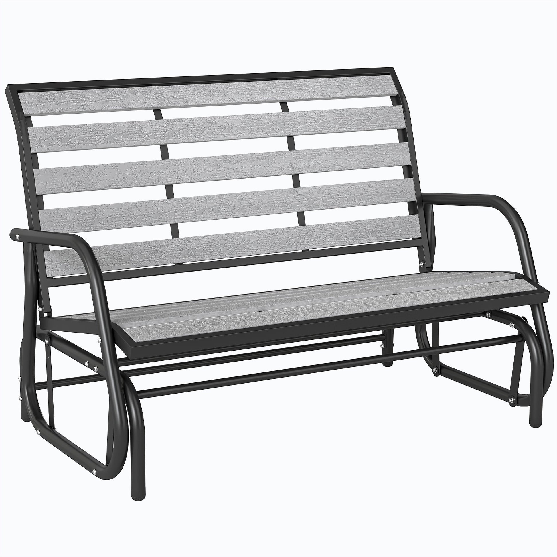 2 Person Outdoor Glider Bench, Patio Glider Swing Loveseat with Faux Wood Slatted Seat and Back, Outdoor Swing Bench with Steel Frame for Backyard, Garden, Porch, Grey